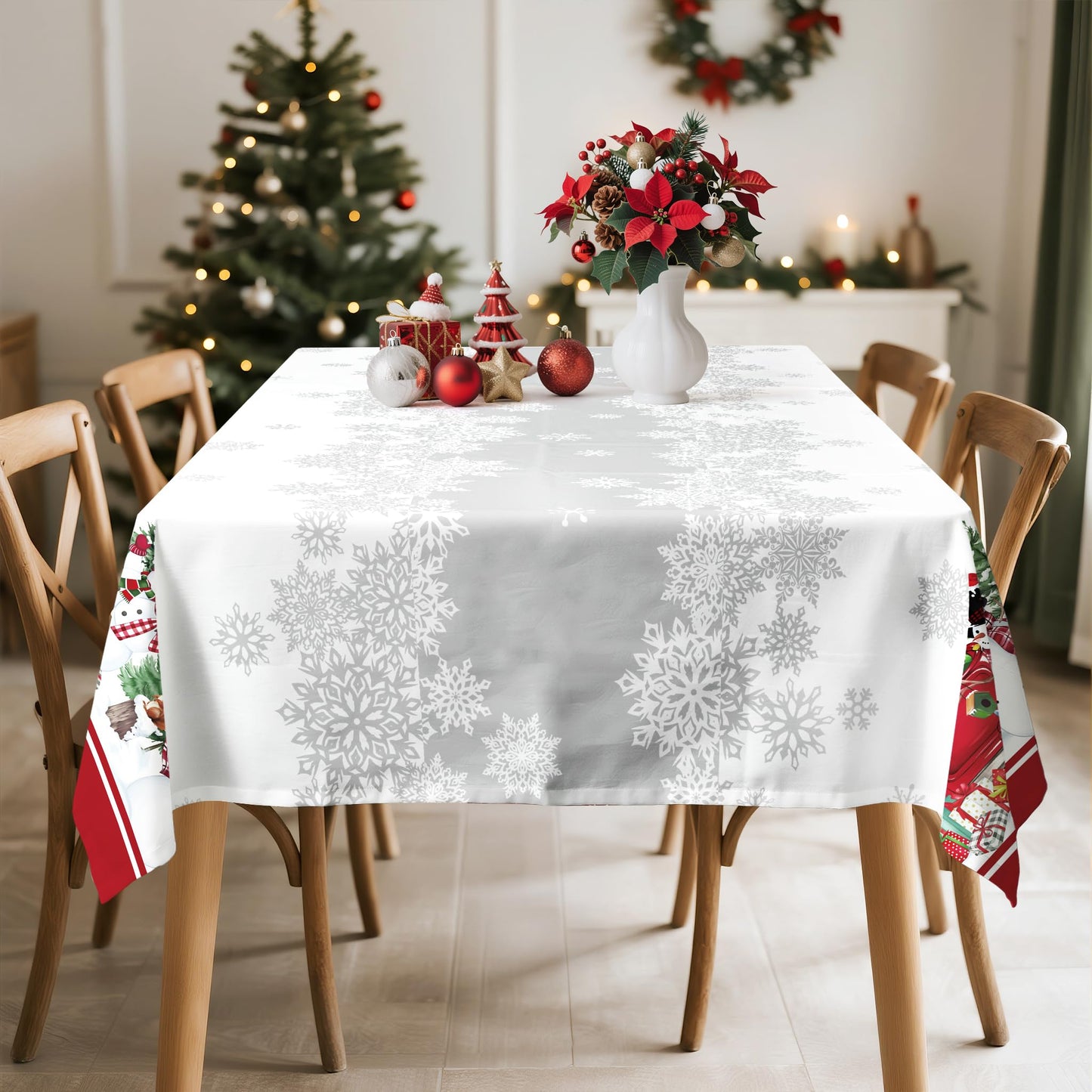 Christmas Tablecloth Waterproof, Red Snowman Snowflake Table Cloth Rectangle, Washable Table Cover for Christmas Party Home Kitchen Decoration (60×120 Inch) BST202