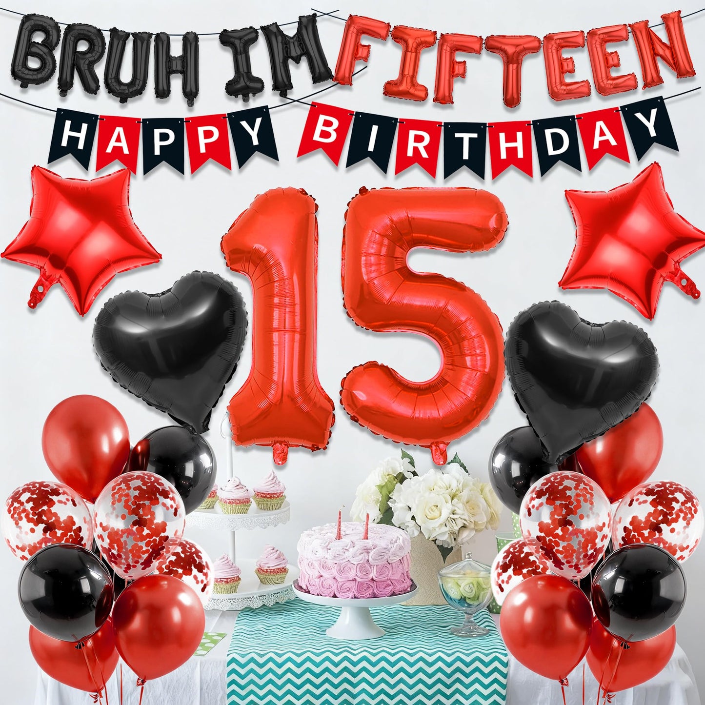 9th Birthday Decorations Boys Kit - 27 Pcs Red and Black Bruh Im Nine Balloon Banners Happy Birthday Fishtail Flags Number 9 Balloon Star Heart Balloons Set for 9 Year Old Party Decoration Supplies BST202