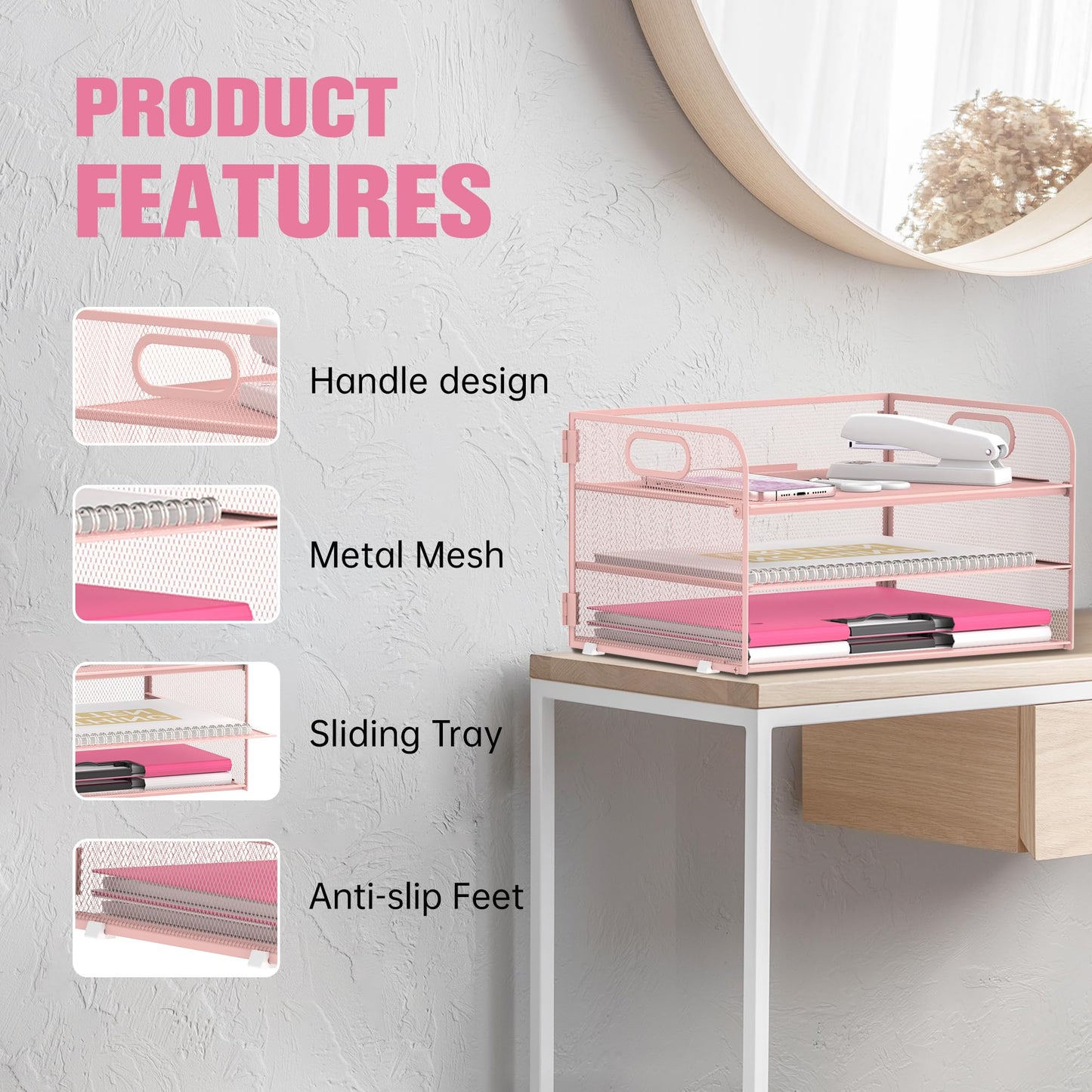 DALTACK 3 Tier Paper Organizer with Handle, Mesh Metal Desk Organizer with Sliding Paper Trays for Letter/A4 Paper, Mail, Bills & Folders, Pink