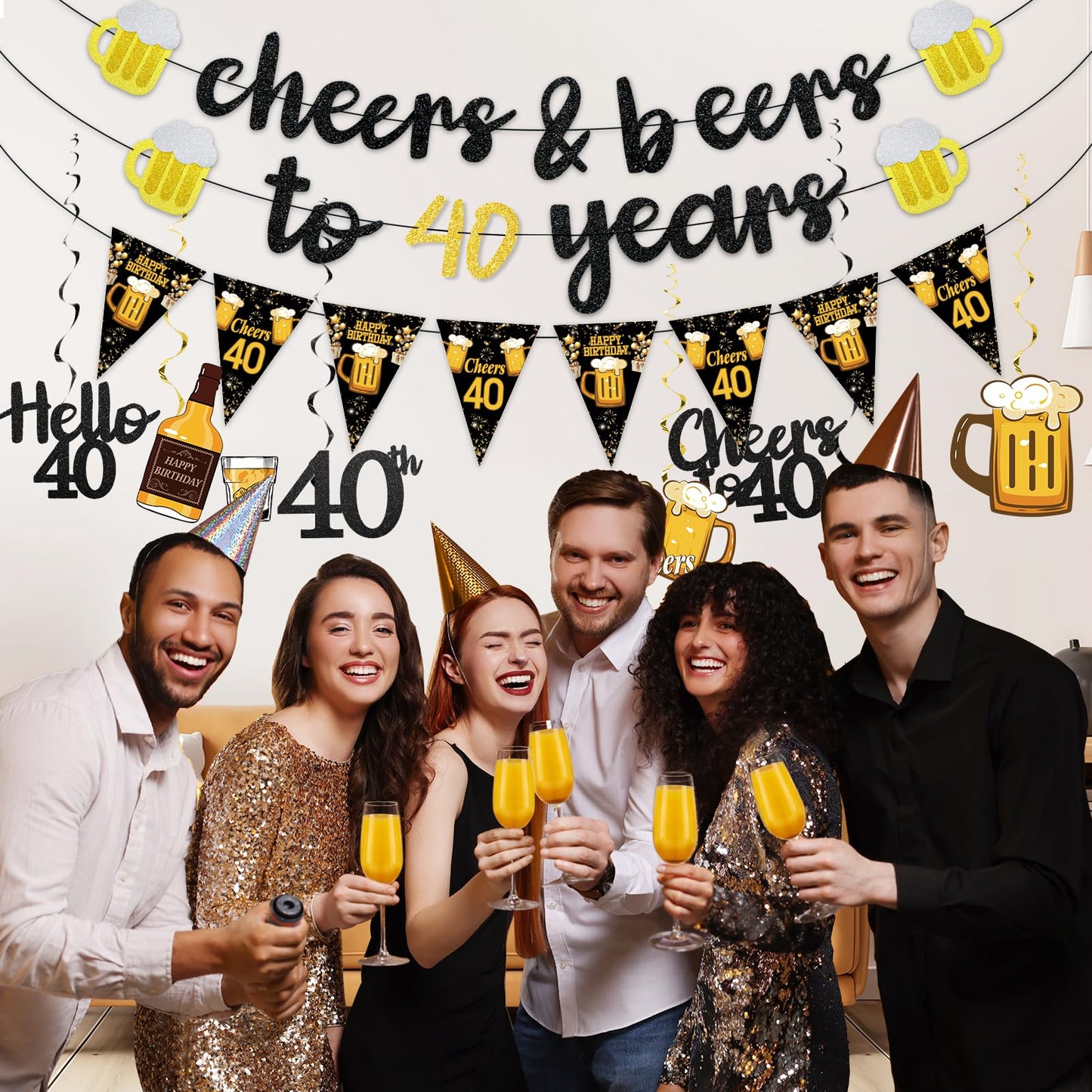 Black Gold 90th Birthday Decorations for Men Women, Glitter Pre-Strung Cheers to 90 Years Banner Hello 90 Hanging Swirls Paper Triangle Flag Banner Decorations Bday Party Supplies Kit WN420