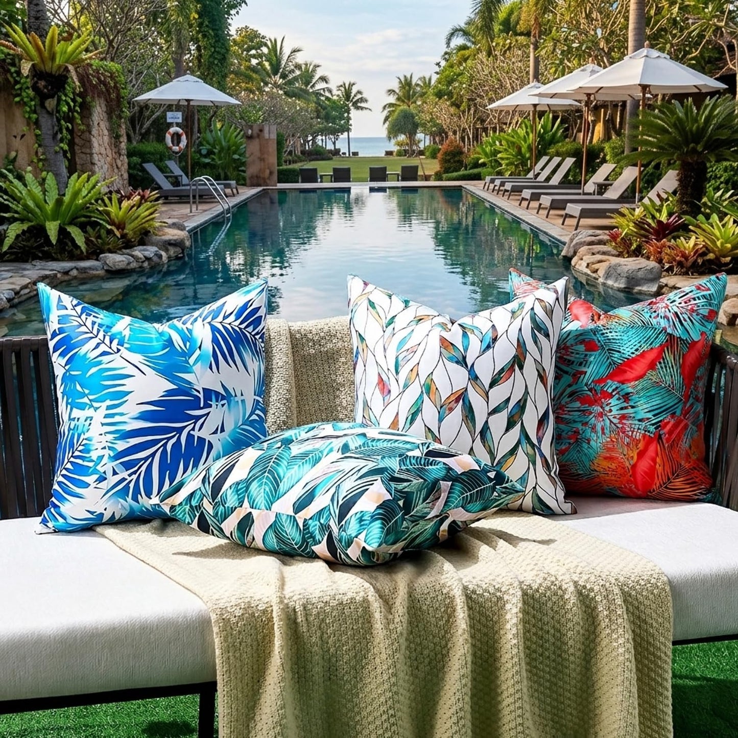 Outdoor Waterproof Pillow Covers Summer Decorative Throw Pillow Covers Tropical Leaf Couch Covers 20x20 Set of 2 Square Outdoor Floral Cushion Cases for Patio Furniture Garden Tent Balcony Bench BST220