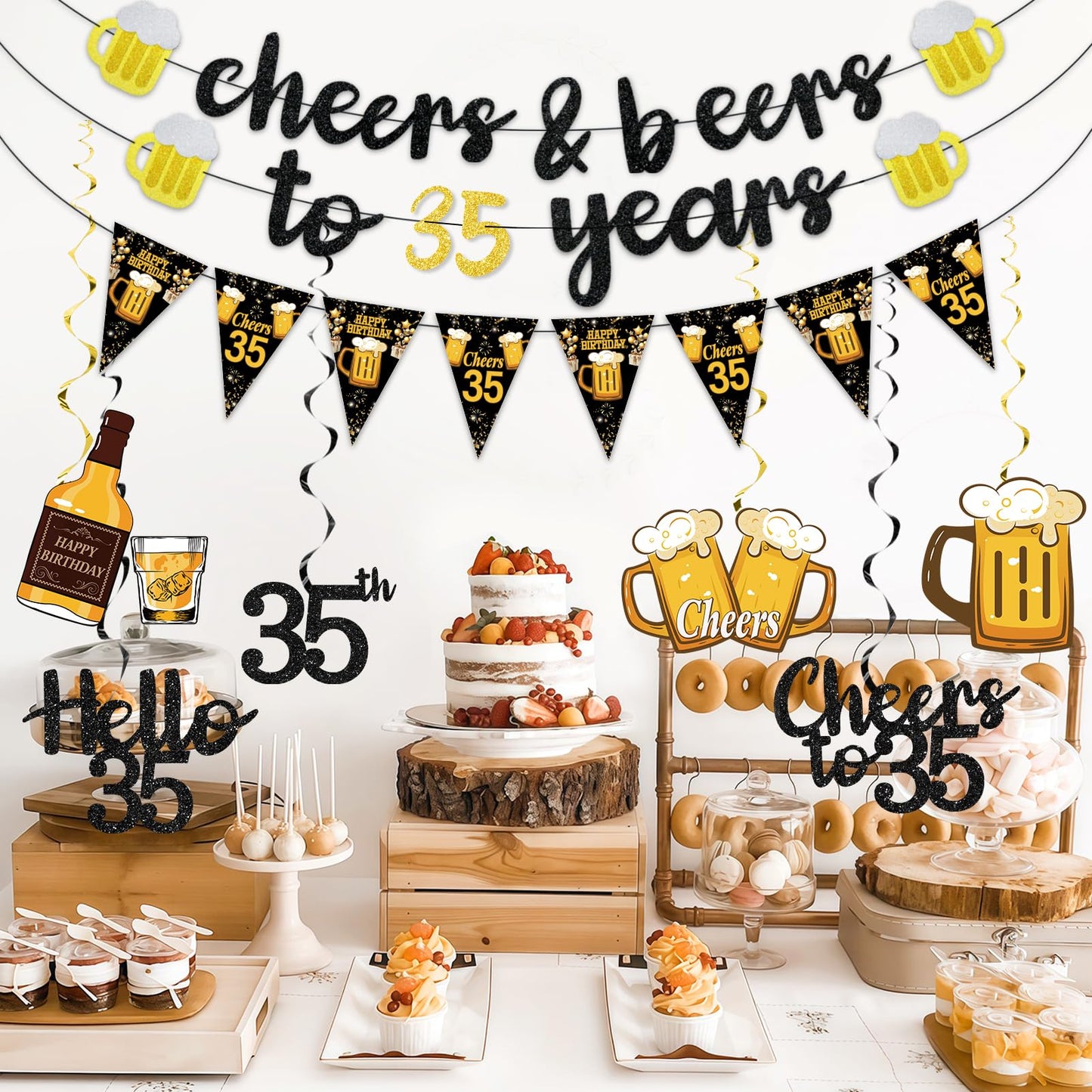 Black Gold 90th Birthday Decorations for Men Women, Glitter Pre-Strung Cheers to 90 Years Banner Hello 90 Hanging Swirls Paper Triangle Flag Banner Decorations Bday Party Supplies Kit WN420