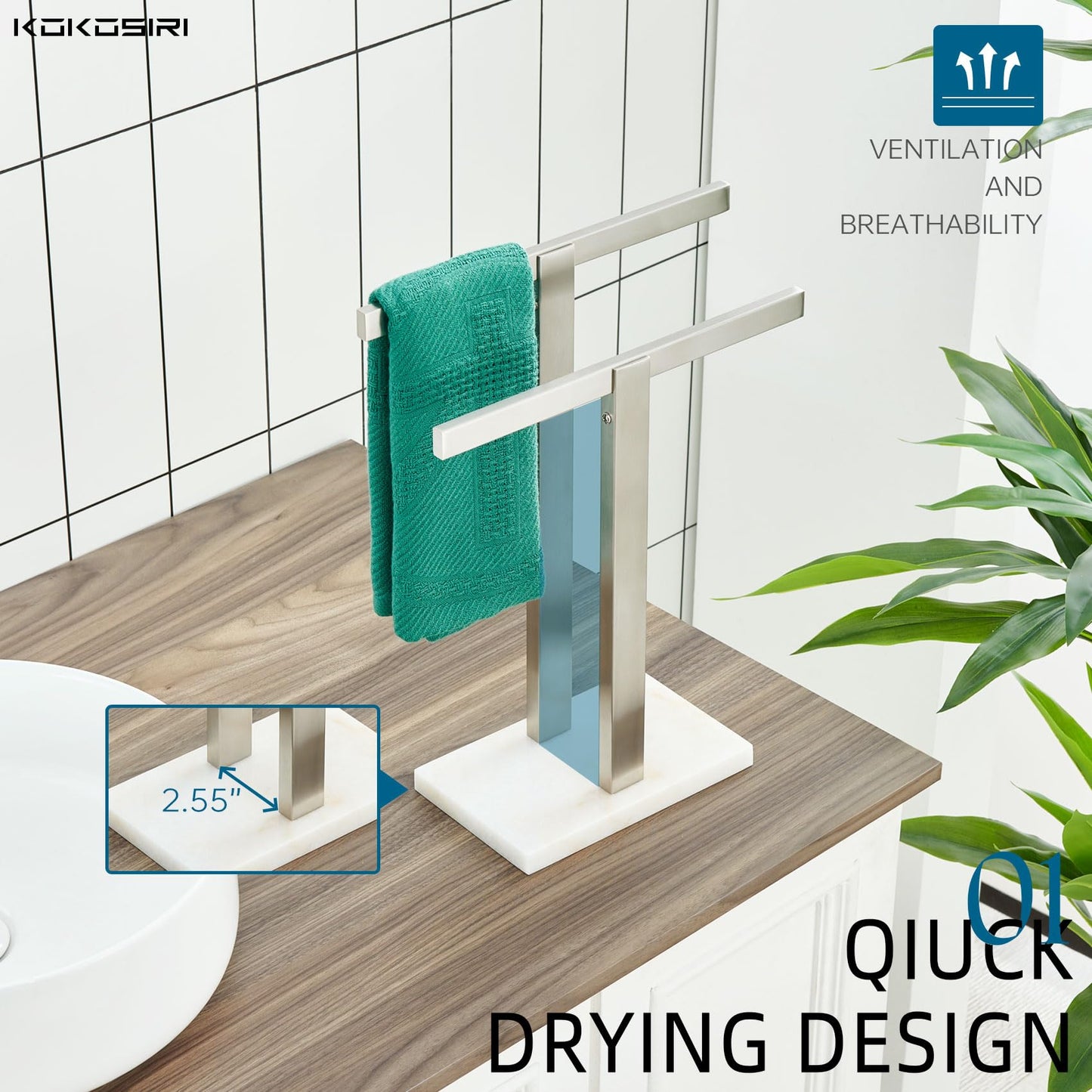 KOKOSIRI Hand Towel Holder Black Stand Towel Rack with Marble Base for Bathroom Kitchen Vanity Countertop, Stainless Steel 15.7'' Height THS0002-SM-BK BST202