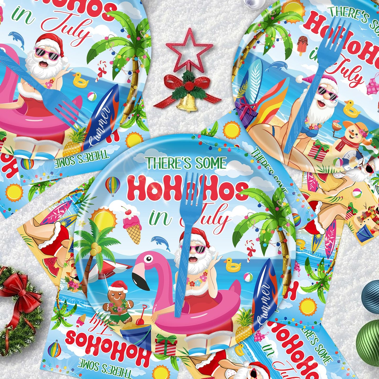 Gameza July Christmas Party Decorations Tableware, 96PCS There's Some Hohoho's in July Disposable Paper Plates and Napkins Decoration, Summer Xmas Beach Forks Decor Supplies Serves 24 BST220