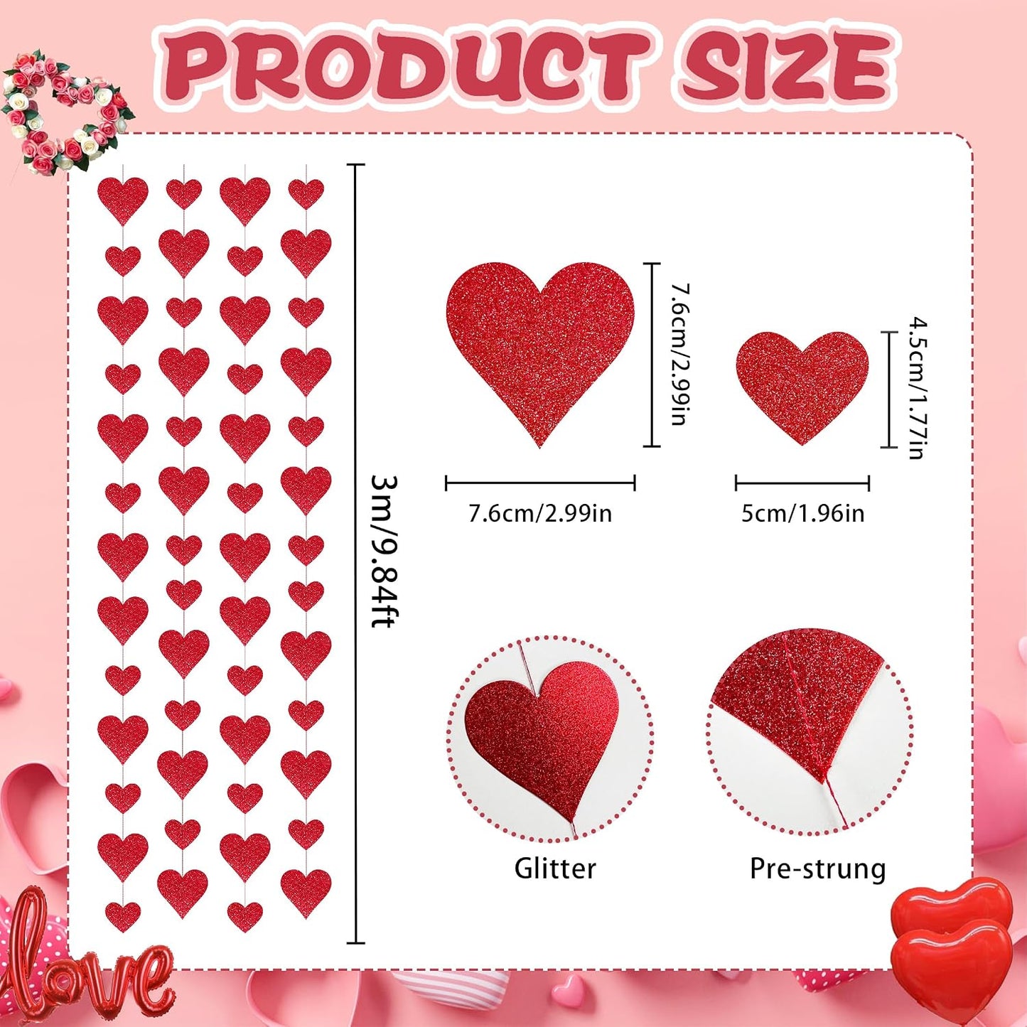 4 Pack Glitter Heart Garland Valentines Day Decorations Paper Hearts Streamers Hanging Hearts Decorations for Valentines Galentines Day Birthday Bridal Shower Wedding Engagement Anniversary (Red) BST326L