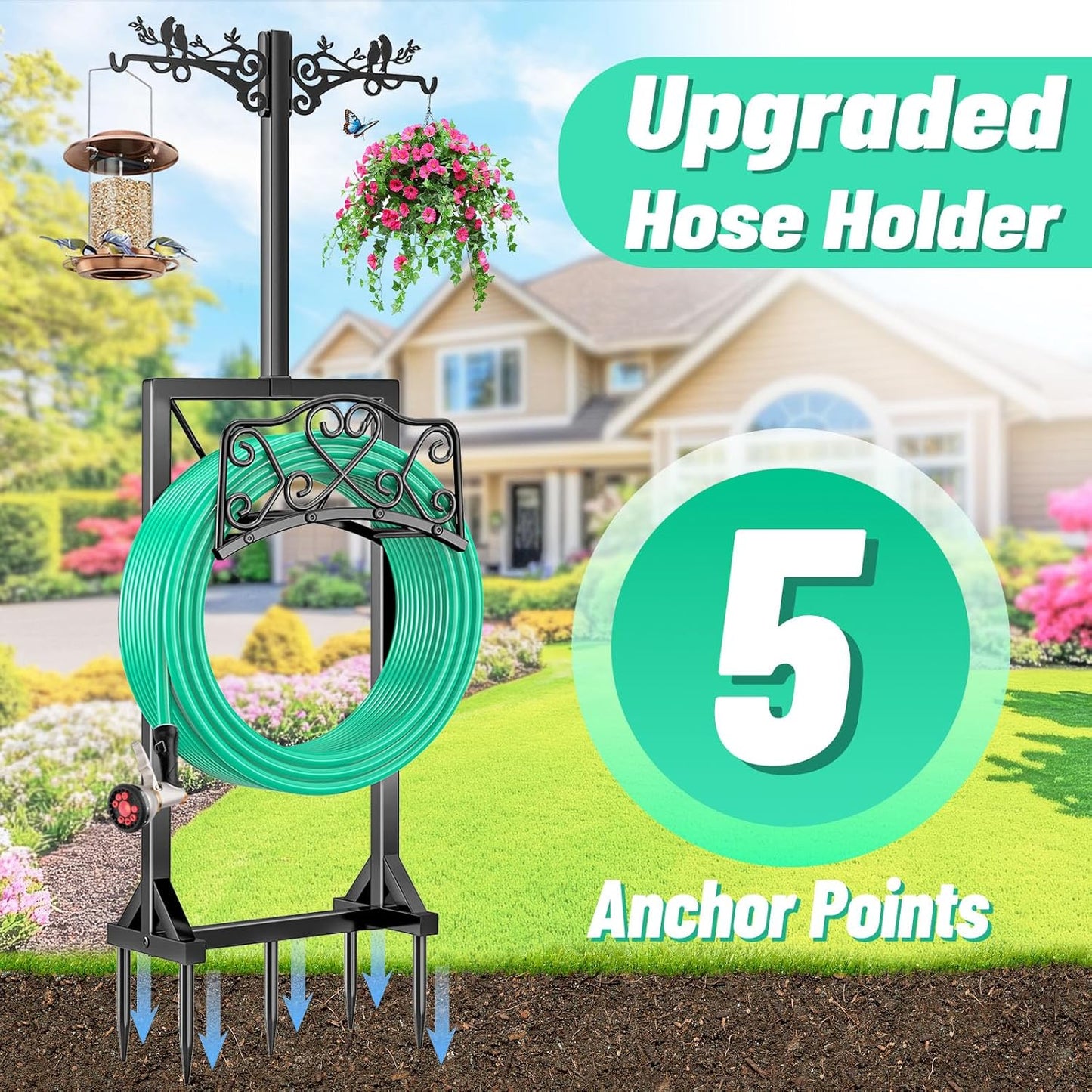Garden Hose Holder, Freedstanding Heavy Duty Garden Water Hose Holder Stand with 2 Shepherds Hooks, Detachable Metal Hose Storage Hanger Rack for Outside Yard Lawn Farm DD1210
