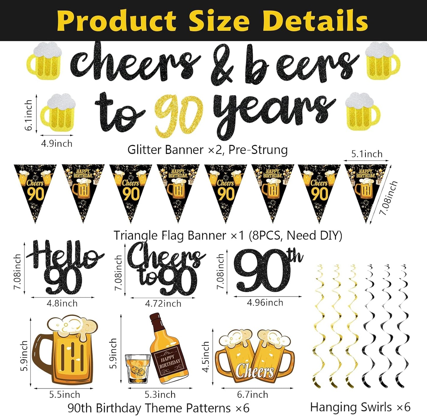 Black Gold 90th Birthday Decorations for Men Women, Glitter Pre-Strung Cheers to 90 Years Banner Hello 90 Hanging Swirls Paper Triangle Flag Banner Decorations Bday Party Supplies Kit WN420