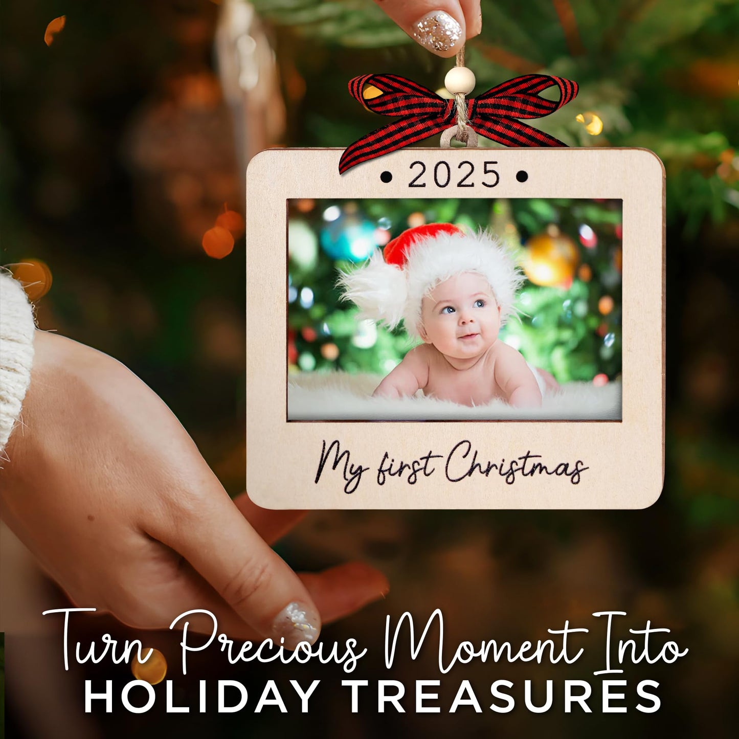 Hangwoous Baby's First Christmas Photo Frame Ornament 2025 | Wooden portrait frame keepsake, first Christmas photo gift for baby BST202