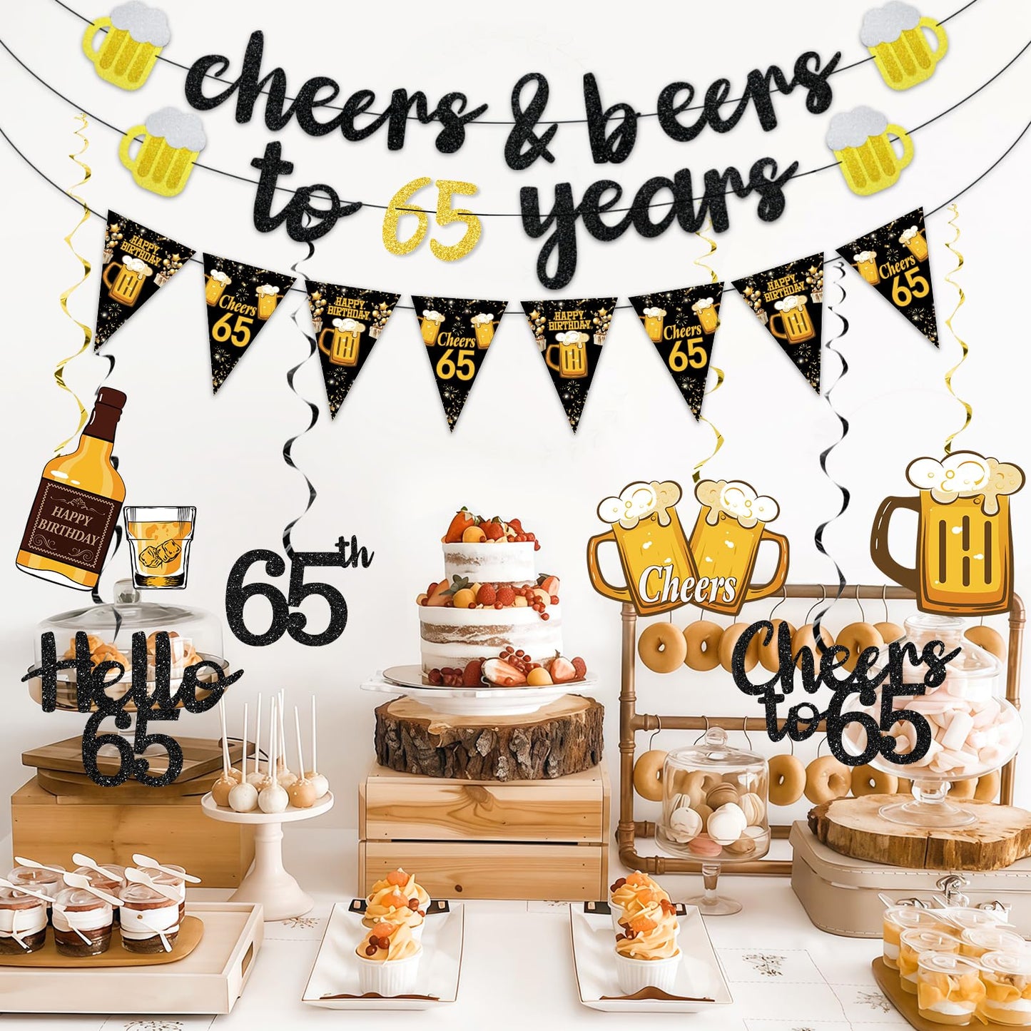Black Gold 90th Birthday Decorations for Men Women, Glitter Pre-Strung Cheers to 90 Years Banner Hello 90 Hanging Swirls Paper Triangle Flag Banner Decorations Bday Party Supplies Kit WN420