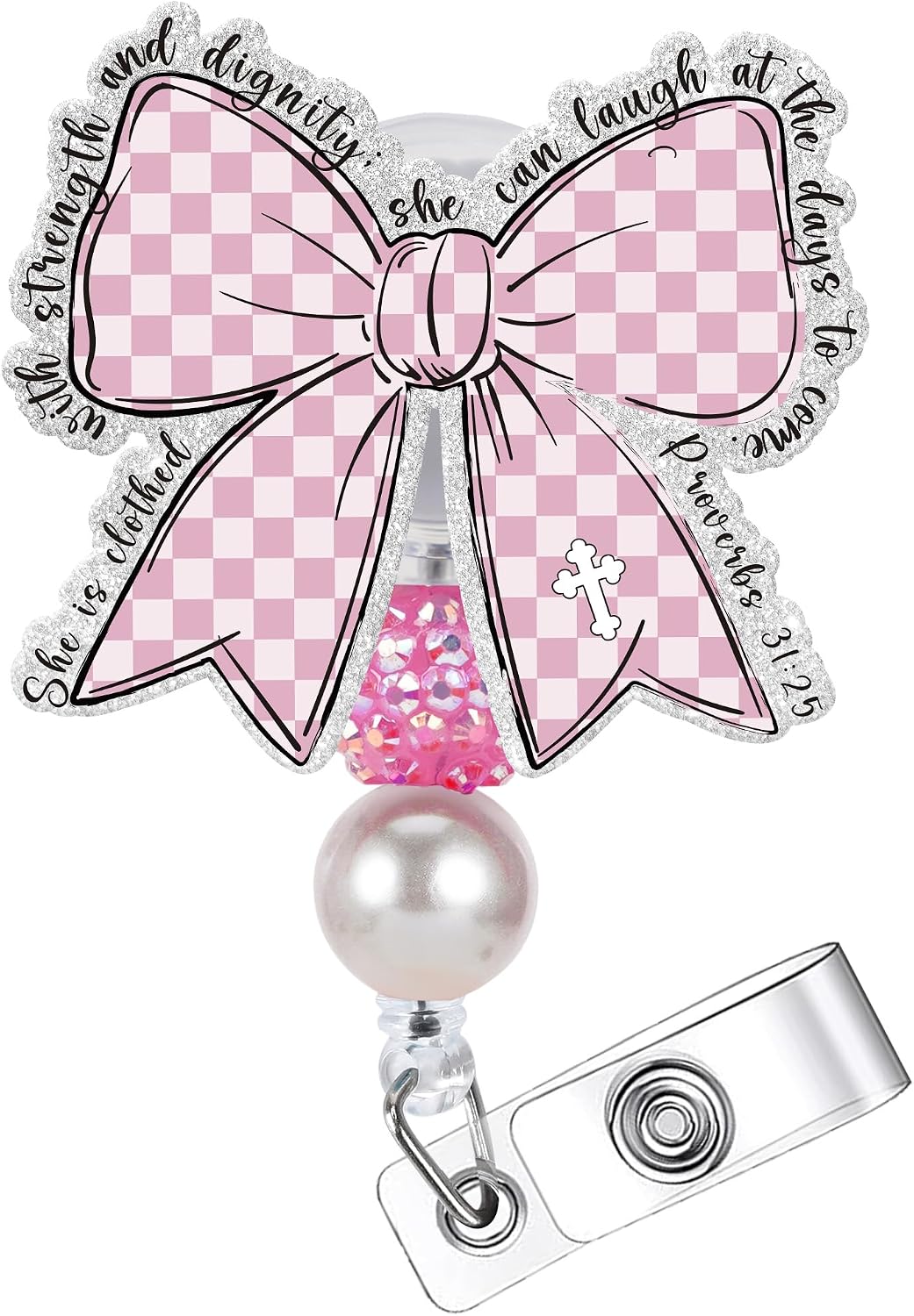 Christian Pink Bow Badge Reel, Bible Verse Proverbs 31:25 Retractable ID Holder with Swivel Clip, Faith Religious Badge Clip Work Accessories Gift for Women WN420