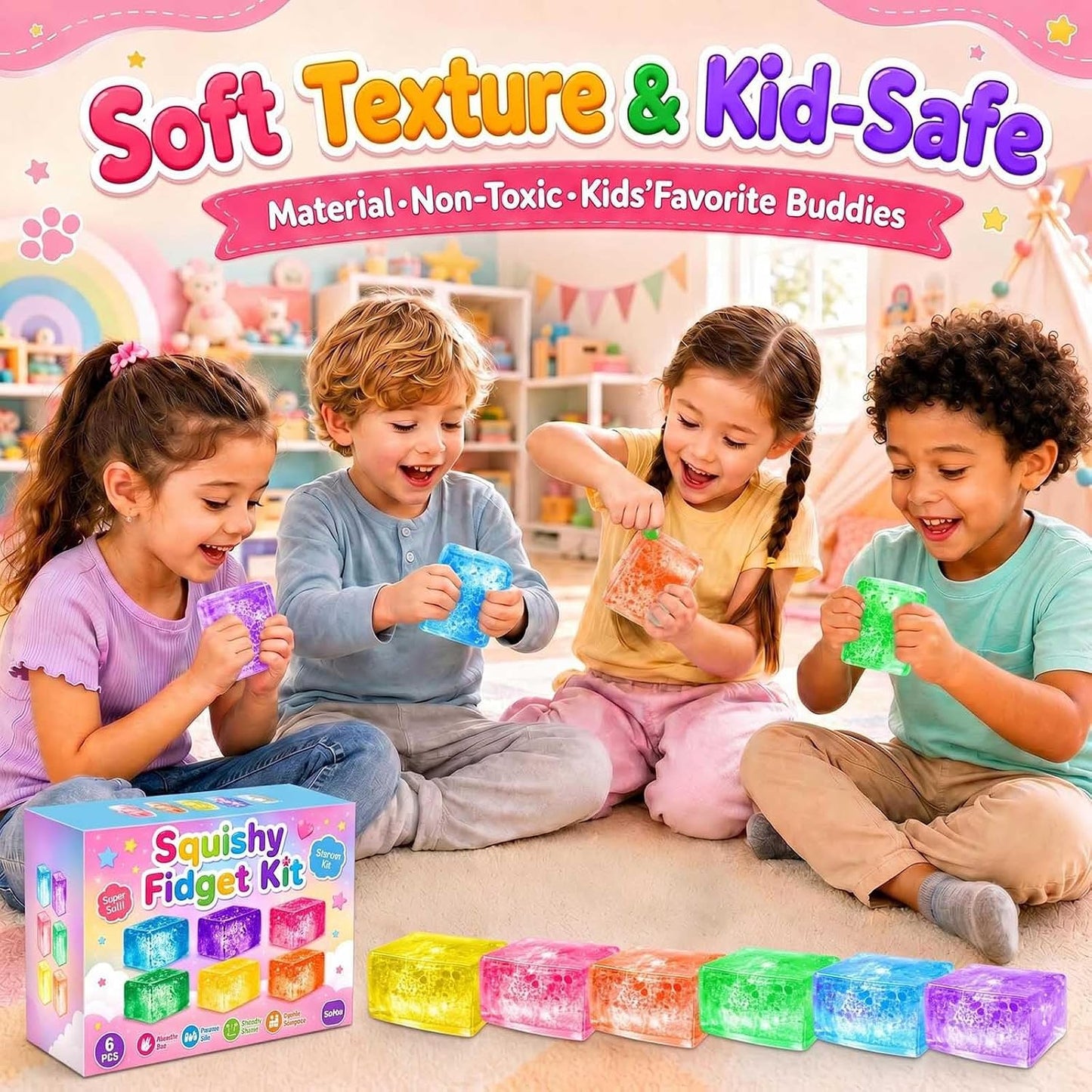 BENWIL 6 Pack Big Glitter Sugar Ice Cube Squishy Stress Balls Kit - Cube Squeezee Fidget Squishy Box Toys for Kids Adults, Holiday and Birthday Gifts, Perfect Party Toy Gift, Easter Basket Gift BST326H