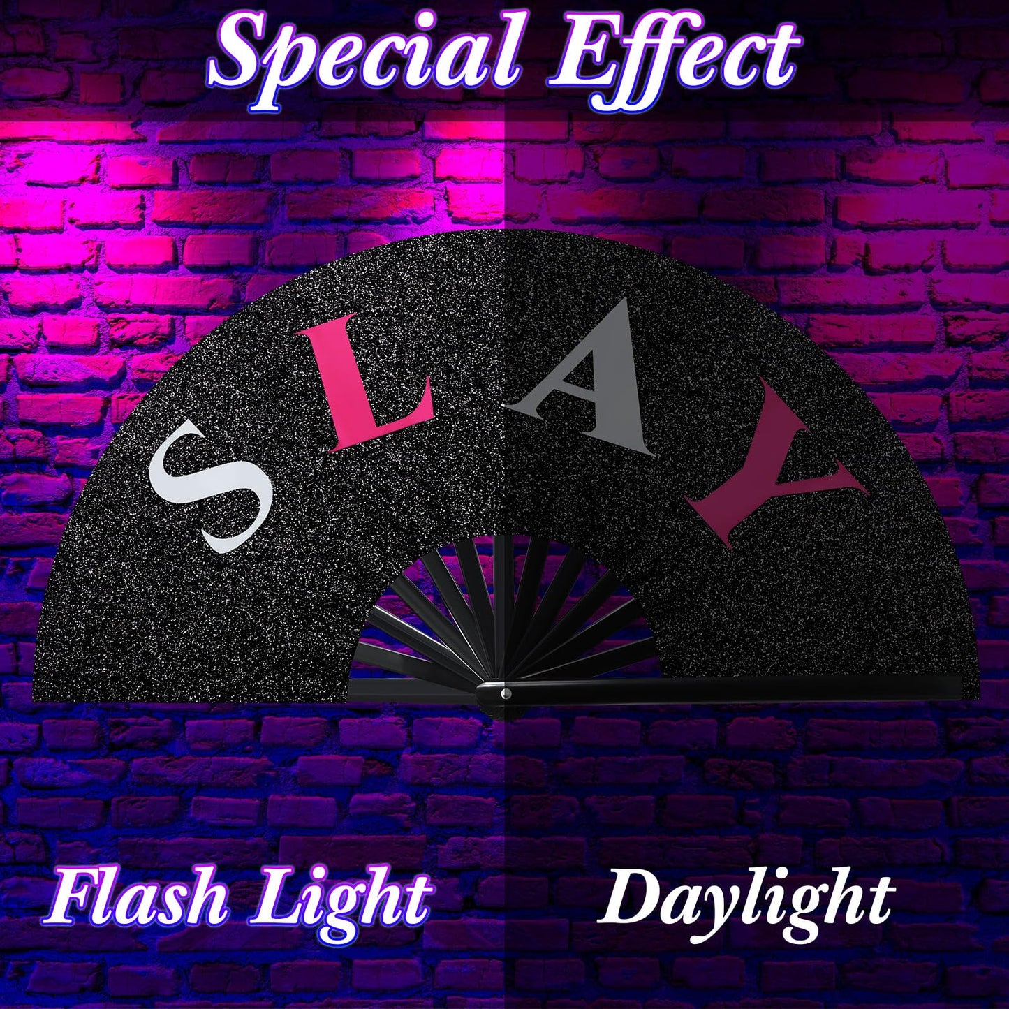 FairySandy Large Rave Fan UV Glow Clack Summer Hand Fan with Thigh Holster for Women Carnival Party Supplies for Carnival Edm Music Festival Club Accessories(Cool Style,Black) WN420