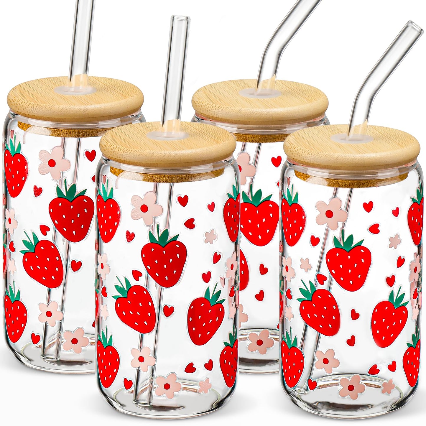 DWTS DANWEITESI Glass Cups “20oz”,Glass Cups with Lids and Straws 4 pcs-Coffee Cups,Drinking Glasses Set,Glass Tumbler with Straw and Lid Gift 2 Cleaning Brushes 600ml BST202