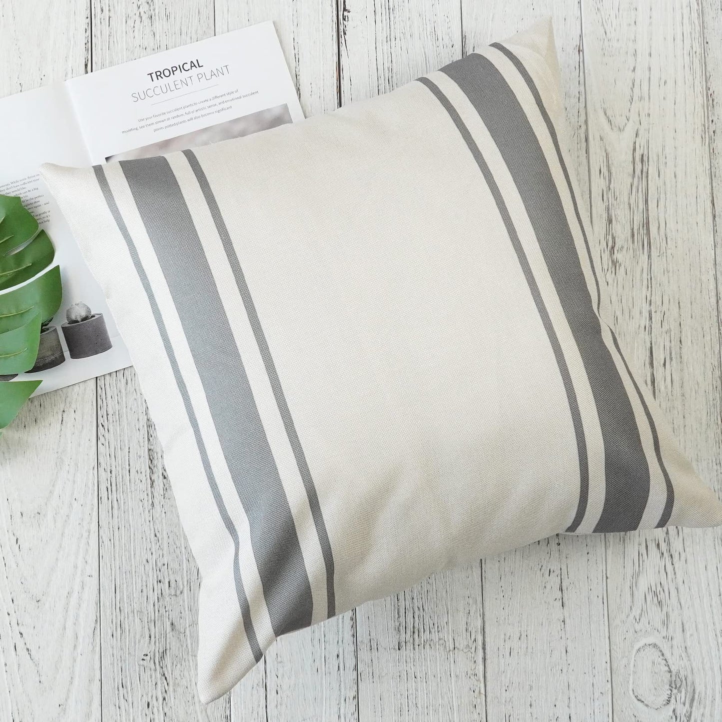 ONWAY Outdoor Pillow Covers Waterproof 18x18 Set of 2 Decorative Linen Throw Pillow Cover Beige and Black Striped Outdoor Pillows for Patio Furniture BST220
