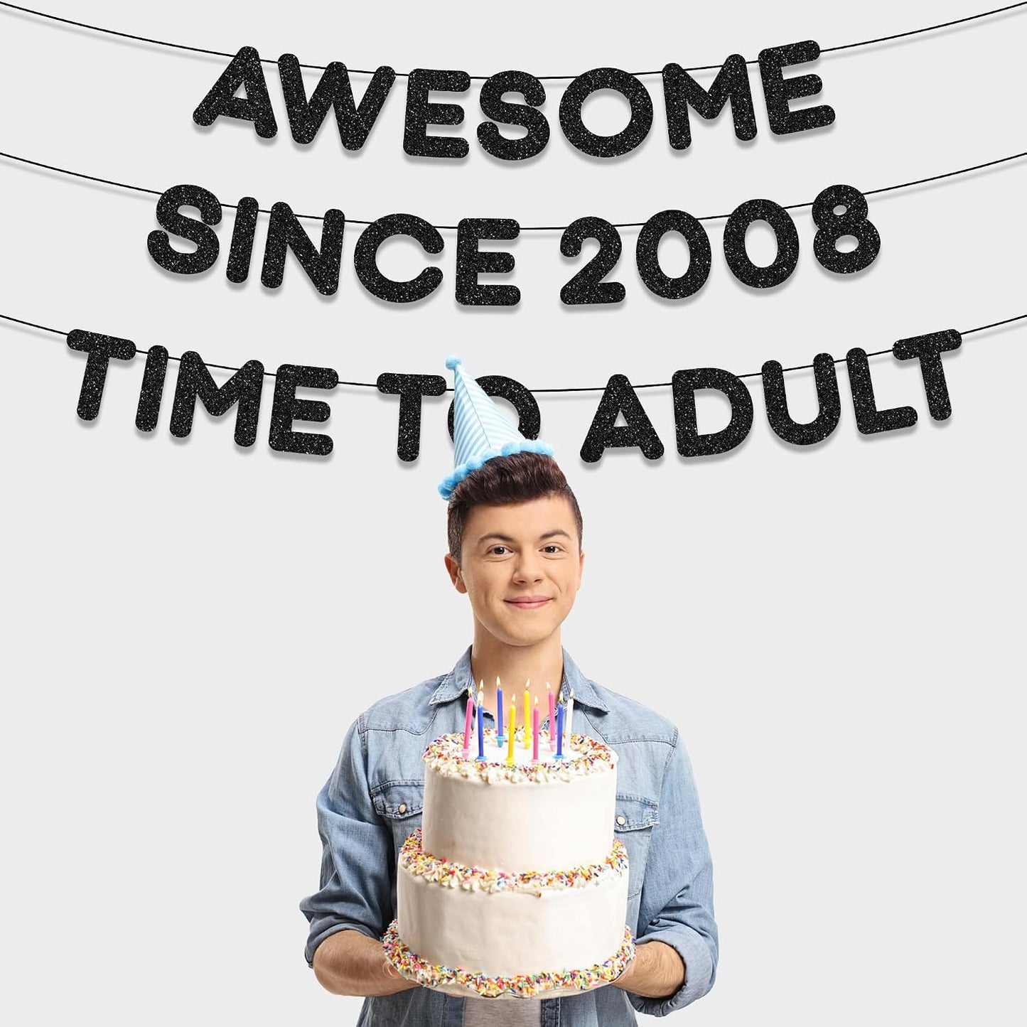 18th Birthday Decorations Banner Boy - 3 Pcs Black Glitter Awesome Since 2008 Time To Adult Banners for Boys and Girls 18 Years Old Teenager Welcome Adulting Birthday Party Supplies BST326L