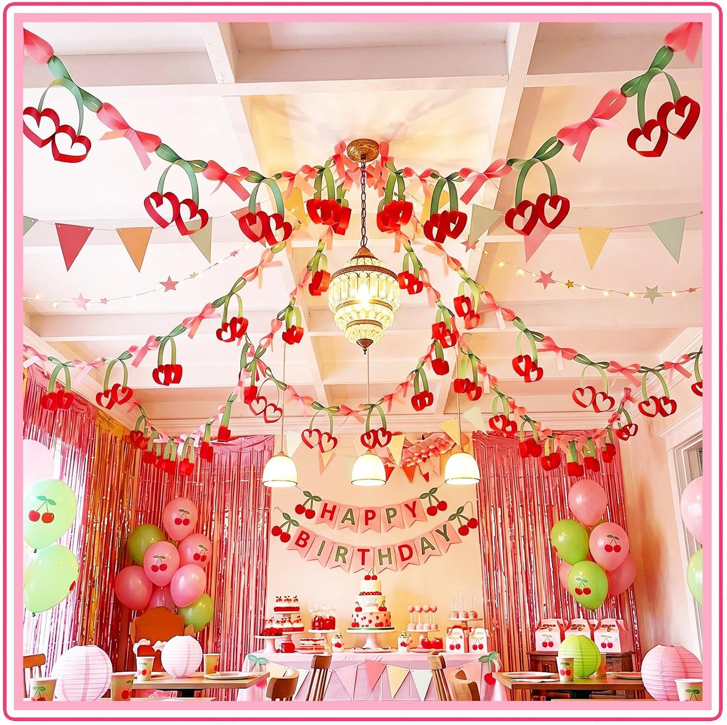 Gueevin 300 Sheets Cherry Paper Chain Strips, 41 ft DIY Paper Chain Garland Kit with Double Sided Tape, Cherry Bow Hanging Banner Decorations for Birthday Party Baby Shower Bridal Bachelorette Wedding BST326H