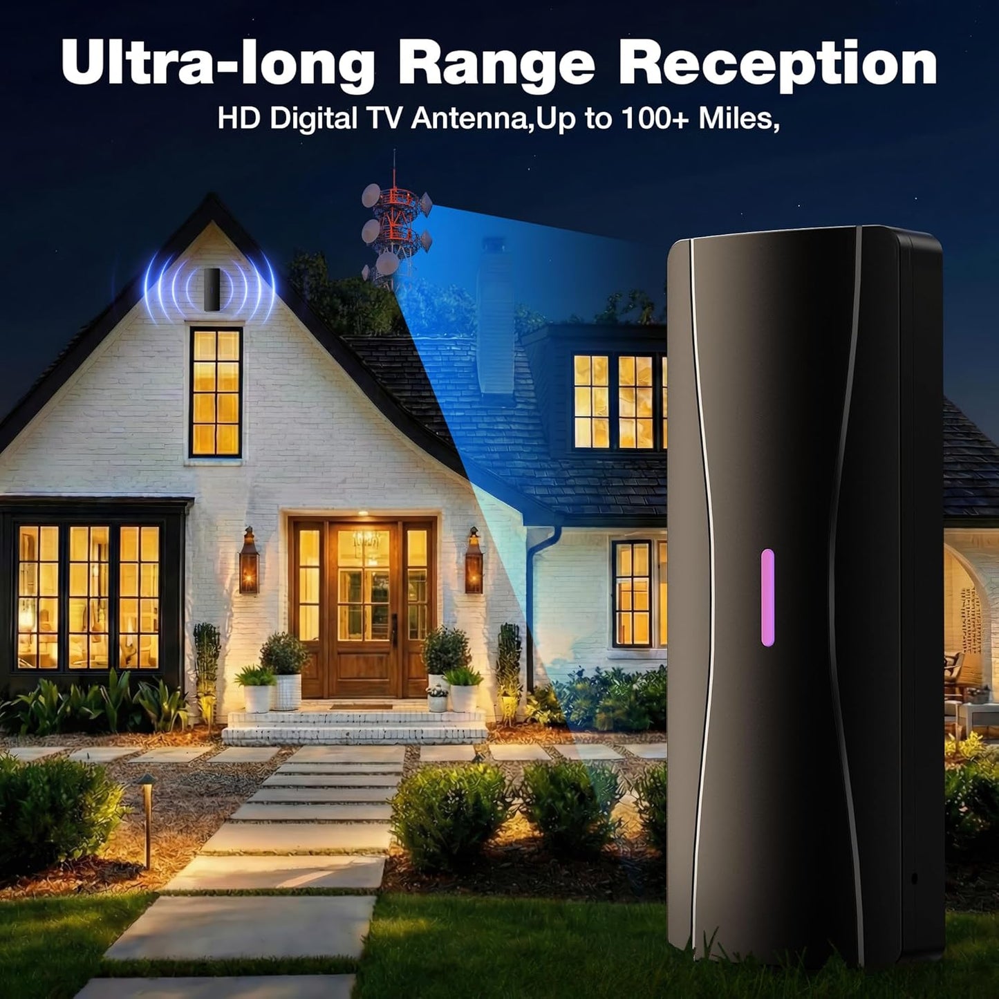 TV Antenna for Smart TV,100+ Miles Range Digital TV Antenna for Local Channels with Amplifier Signal Booster, Supports 4K 1080p,Indoor Outdoor IPX7 Waterproof,Lightning Protection Glossy Black