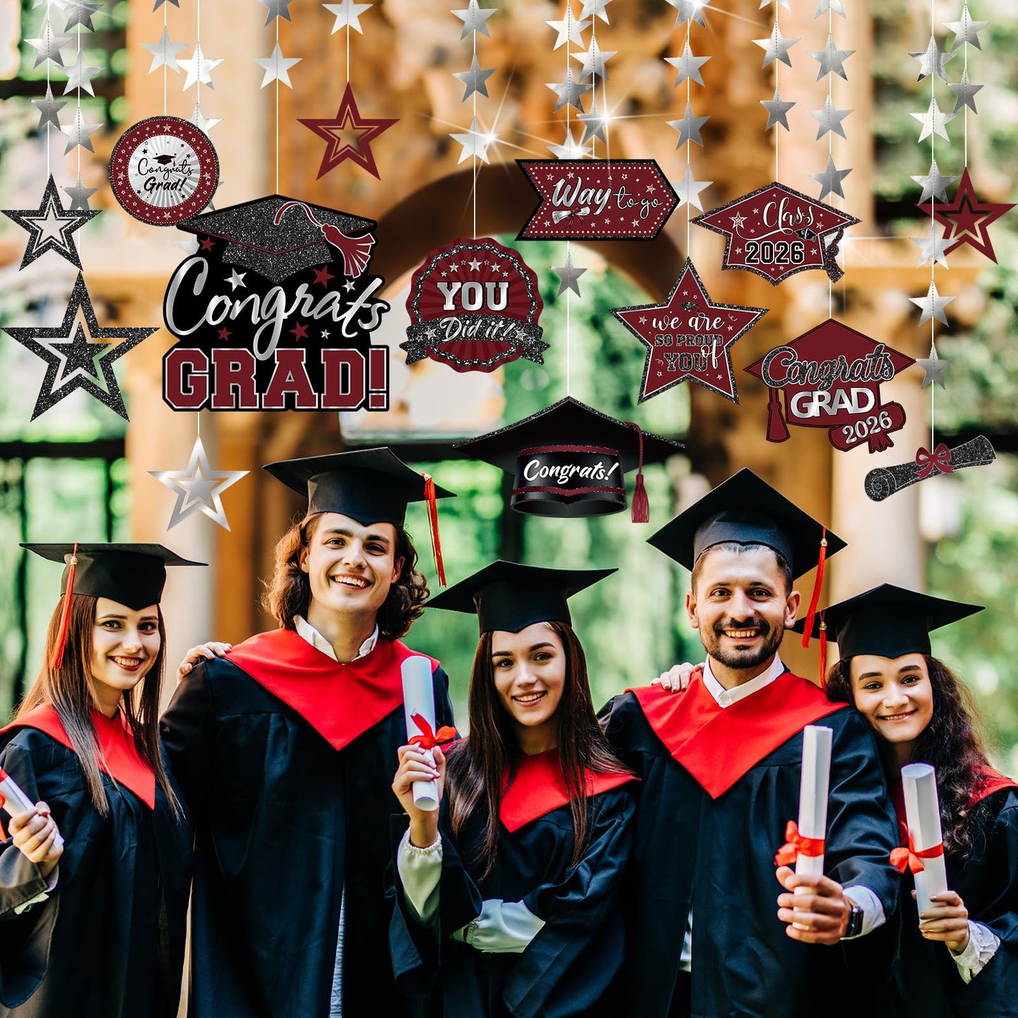 Yisong 14 Pcs Graduation Garland Class of 2026 Graduate Decoration Diploma Hat Star Congrats Garland Banner Congrats Grad Streamers Backdrop for Graduation Party Supplies College Grad Decor(Red) BST202