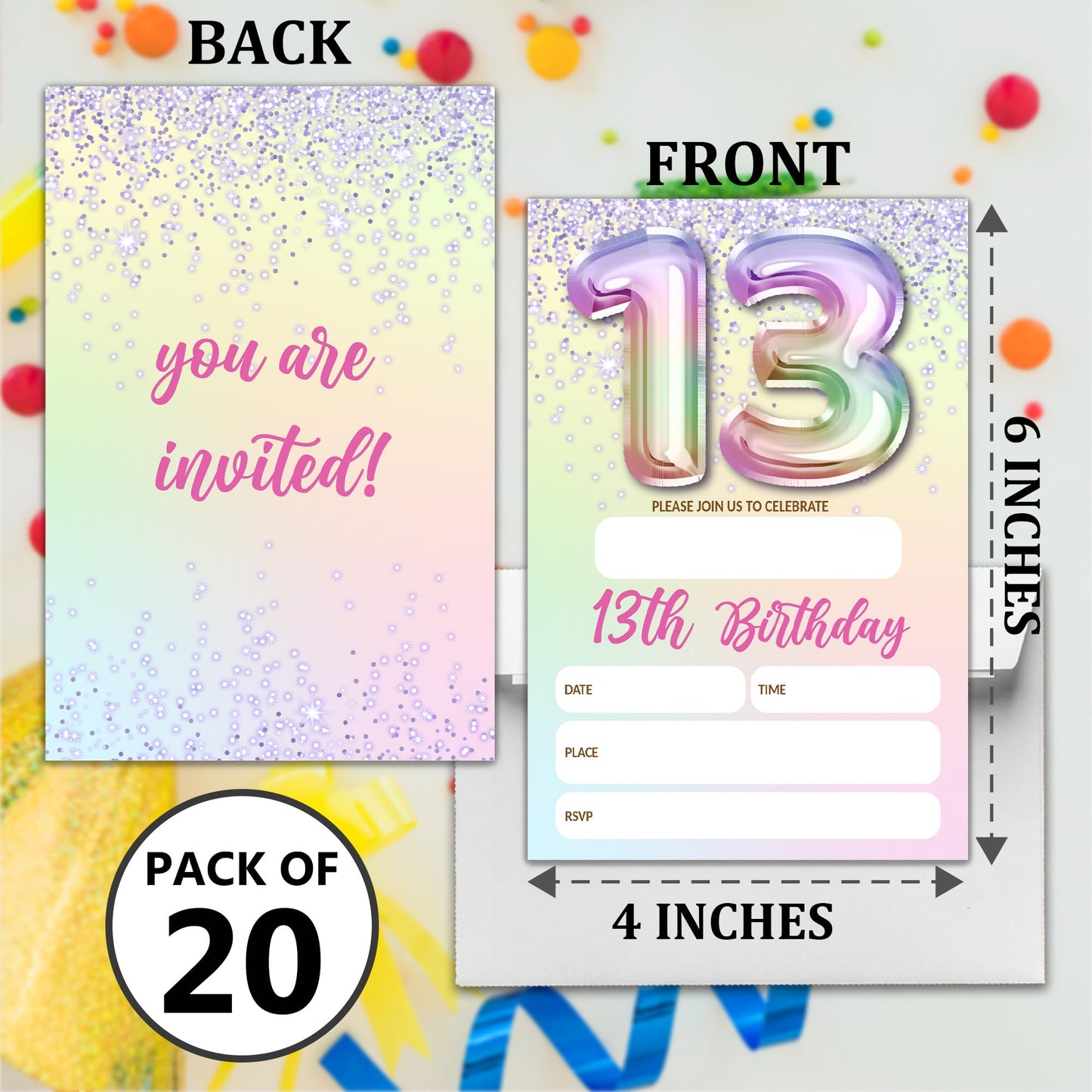 5th Birthday Invitations For Girl,Purple Glitter Birthday Invites, 20 Fill-in Rainbow Balloons Invitation Cards With Envelopes, Fifth Party Decorations 4x6 Inch-D05 WN420
