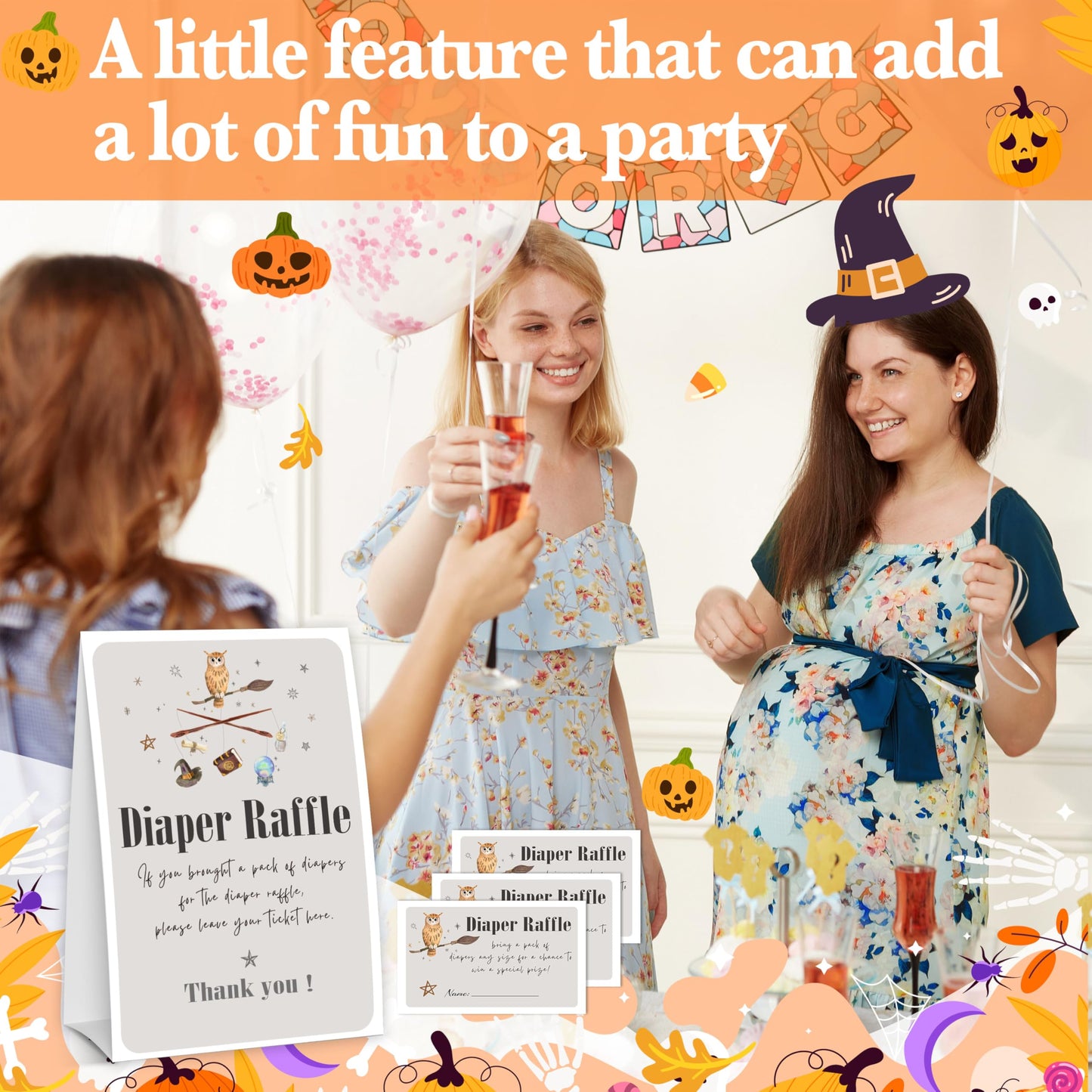 Halloween Baby Shower Measure The Baby Bump, 1 Self-Standing Sign + 50 Tickets for Little Ghost Gender Reveal Announcement Party Favor Supplies - D12 BST326L