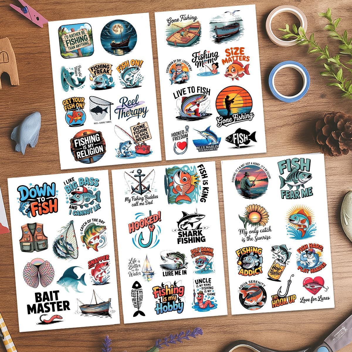 50 Pcs Fishing Sticker Vinyl Fish Decals, Fishing Lures, “Gone Fishin’” and “Fish On!” Nautical Ocean Designs for Tackle Boxes, Coolers, Water Bottles, Laptops, Hard Hats, Journals (3 inch) BST202