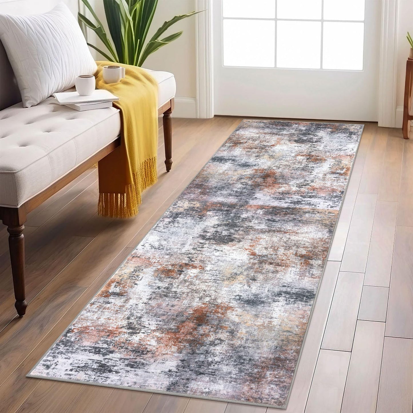 Lansny Modern Abstract Runner - 2x5, Beige Grey Washable Kitchen Entryway Rug Mat Non-Slip Soft Neutral Hallway Rug Thin Print Faux Wool Carpet for Bedroom Laundry Room Indoor BST220
