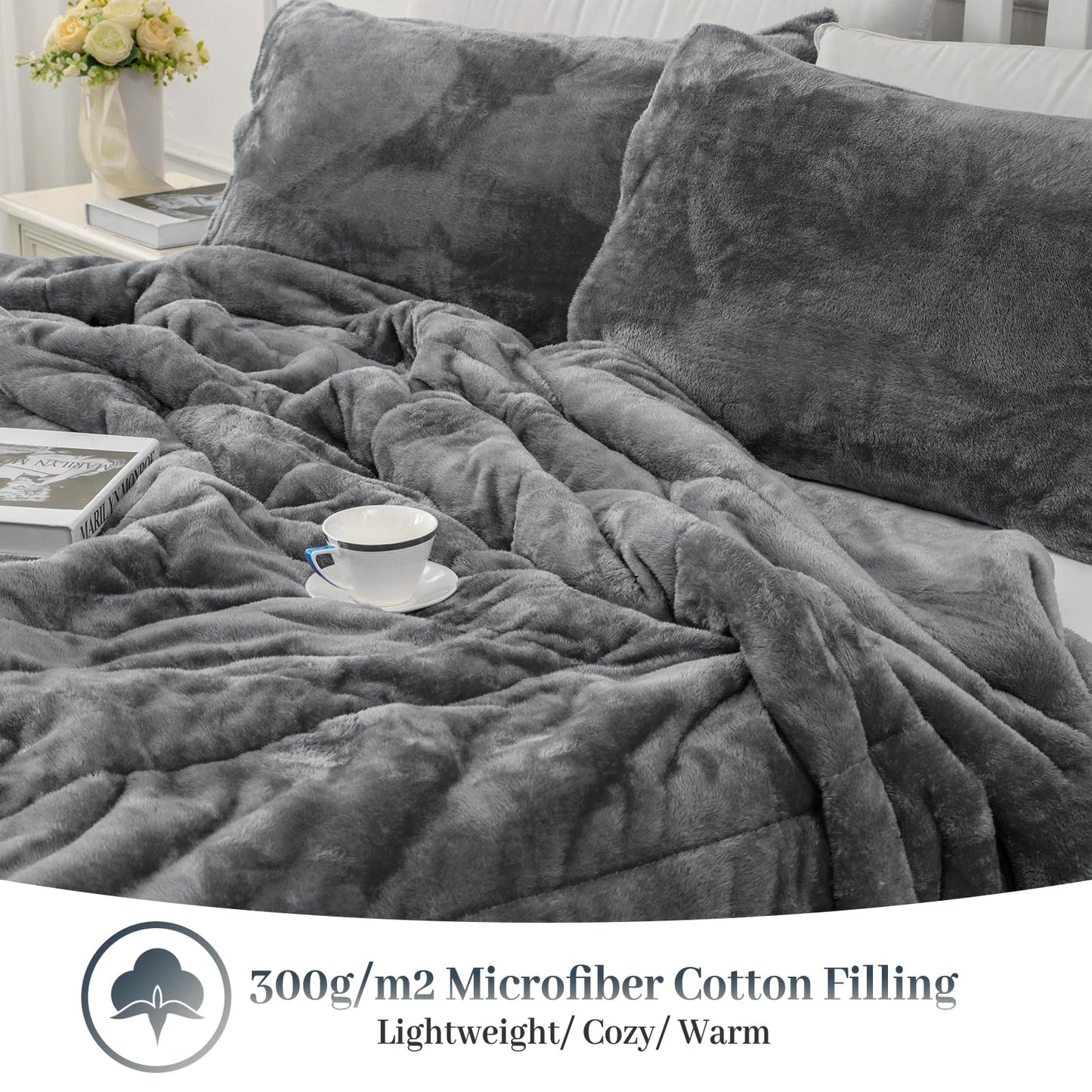 YIYEA Fluffy Queen Size Comforter Set, Luxury Faux Fur Comforter, Ultra Soft Plush Fuzzy Velvet Bedding Comforter Sets for Fall Winter, Cozy Warmth, No Shedding, 3PC, Queen, Light Grey BST326H