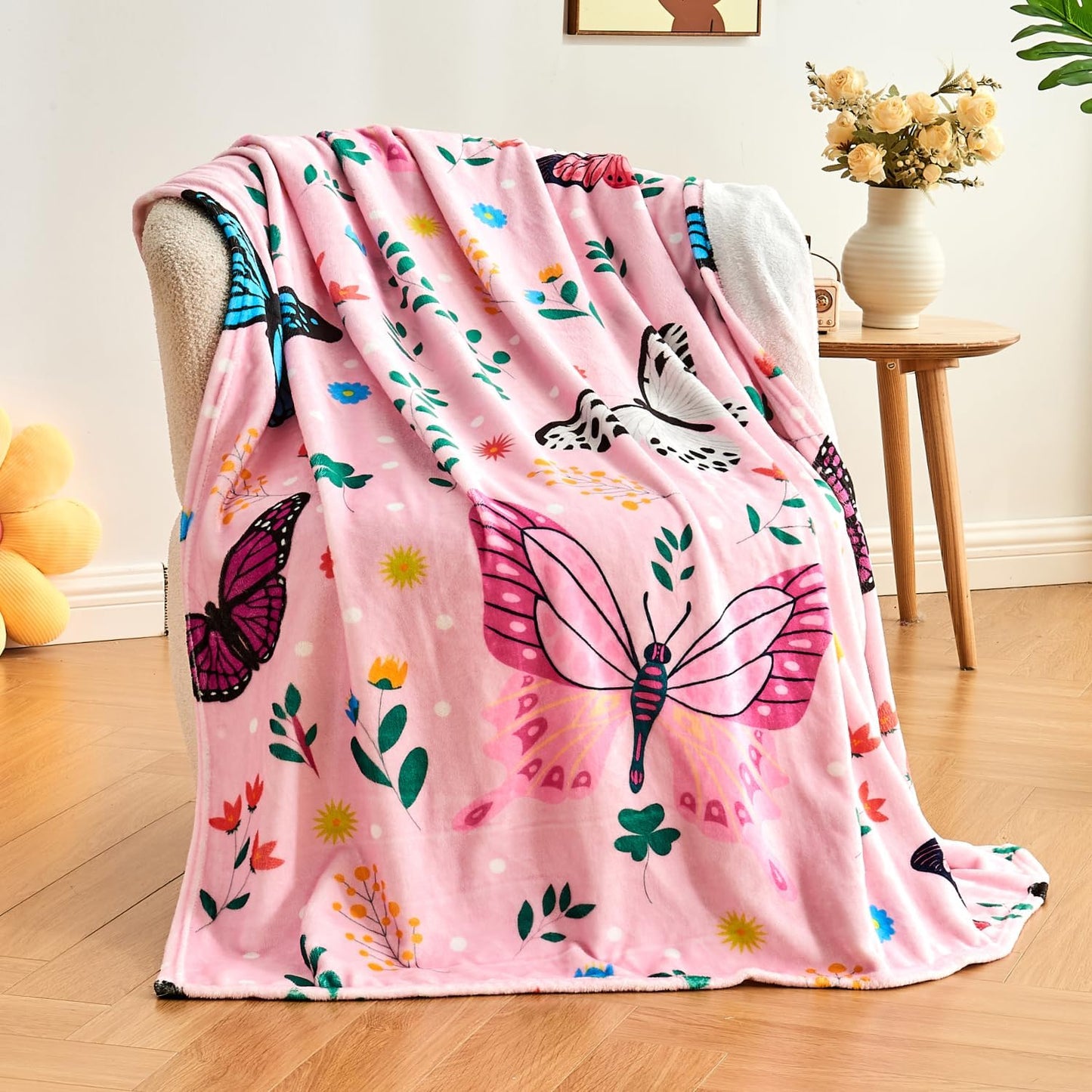 Butterfly Kids Throw Blanket for Girls Teens Toddler Pink Soft Fuzzy Flannel Bed Blanket Colorful Flowers Birthday Gifts for Women Girls Kids Teens Adults, 60”x80” BST326H
