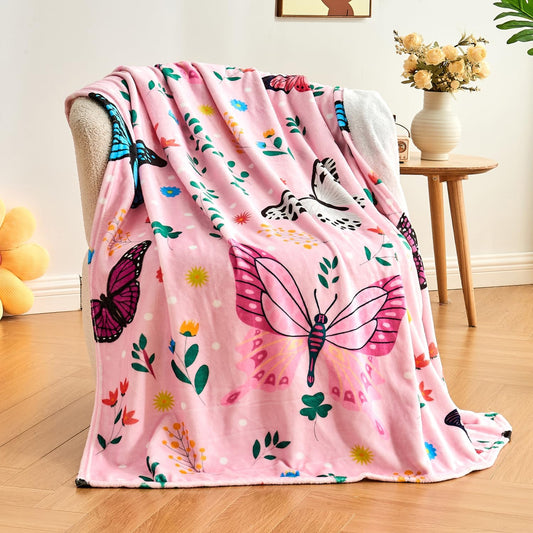 Butterfly Kids Throw Blanket for Girls Teens Toddler Pink Soft Fuzzy Flannel Bed Blanket Colorful Flowers Birthday Gifts for Women Girls Kids Teens Adults, 60”x80” BST326H