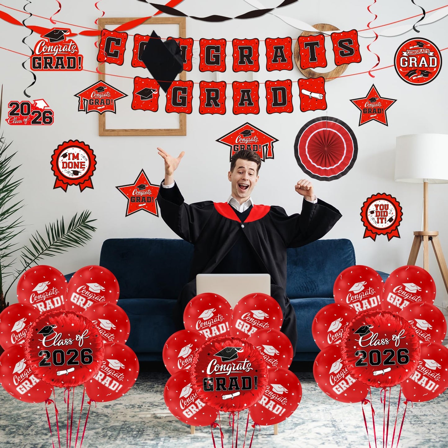 Black and Gold Themed 2026 Graduation Decorations Set - Congrats Grad Banner, Class of 2026 Backdrop, Balloons & Streamers Kit - Graduation Party Supplies for High School & College Celebrations BST326H
