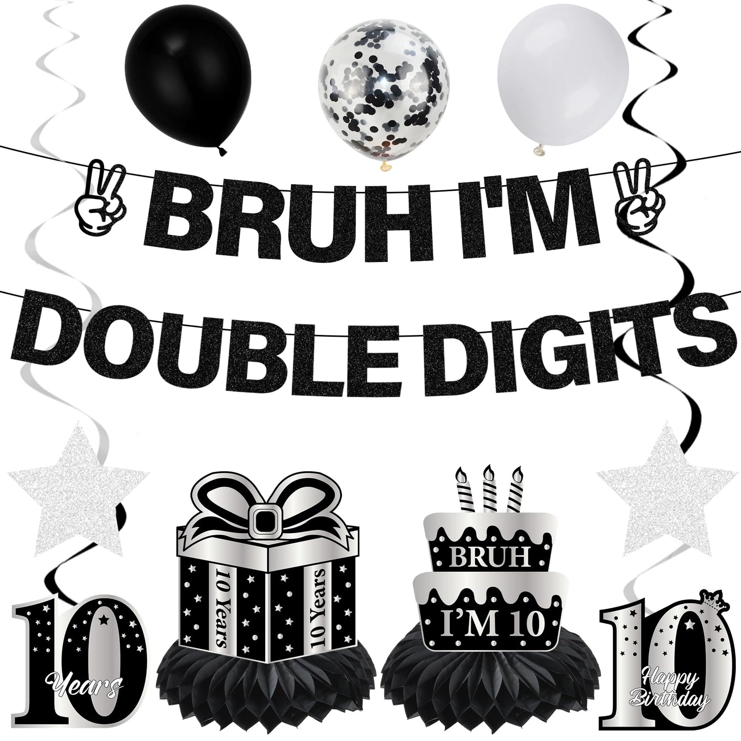 10th Birthday Decorations Banner Boys - 11 Pcs Silver Black Bruh I'M Double Digits Banners Hanging Swirls Honeycomb Table Decoration Latex Balloons For Boy 10 Year Old Bday Party Supplies BST220