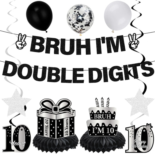 10th Birthday Decorations Banner Boys - 11 Pcs Silver Black Bruh I'M Double Digits Banners Hanging Swirls Honeycomb Table Decoration Latex Balloons For Boy 10 Year Old Bday Party Supplies BST220