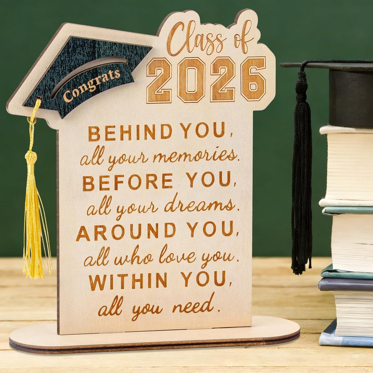 Graduation Decorations, Graduation Gifts for Class of 2026 | Graduation Quote Wood Sign Desk Decor, Positive Behind You All Your Memories Wood Plaque with Stand Desk Decoration Grad Gift WN420