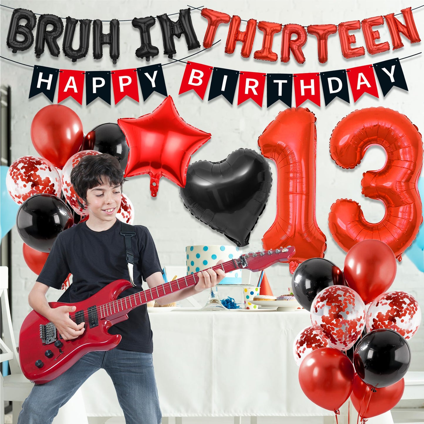 9th Birthday Decorations Boys Kit - 27 Pcs Red and Black Bruh Im Nine Balloon Banners Happy Birthday Fishtail Flags Number 9 Balloon Star Heart Balloons Set for 9 Year Old Party Decoration Supplies BST202