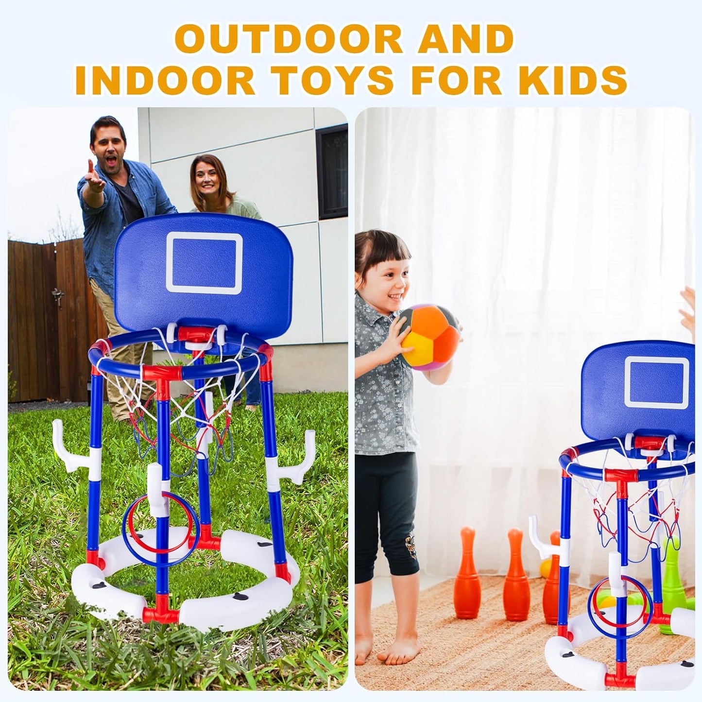 Taotuo Blue Floating Pool Basketball Hoop with Backboard, 2-in-1 Poor Toy Basketball & Ring Toss Game with 4 Balls, 6 Rings&Pump, Summer Pool Toys Outdoor Water Fun Family Party for Age 3-12 DD1210