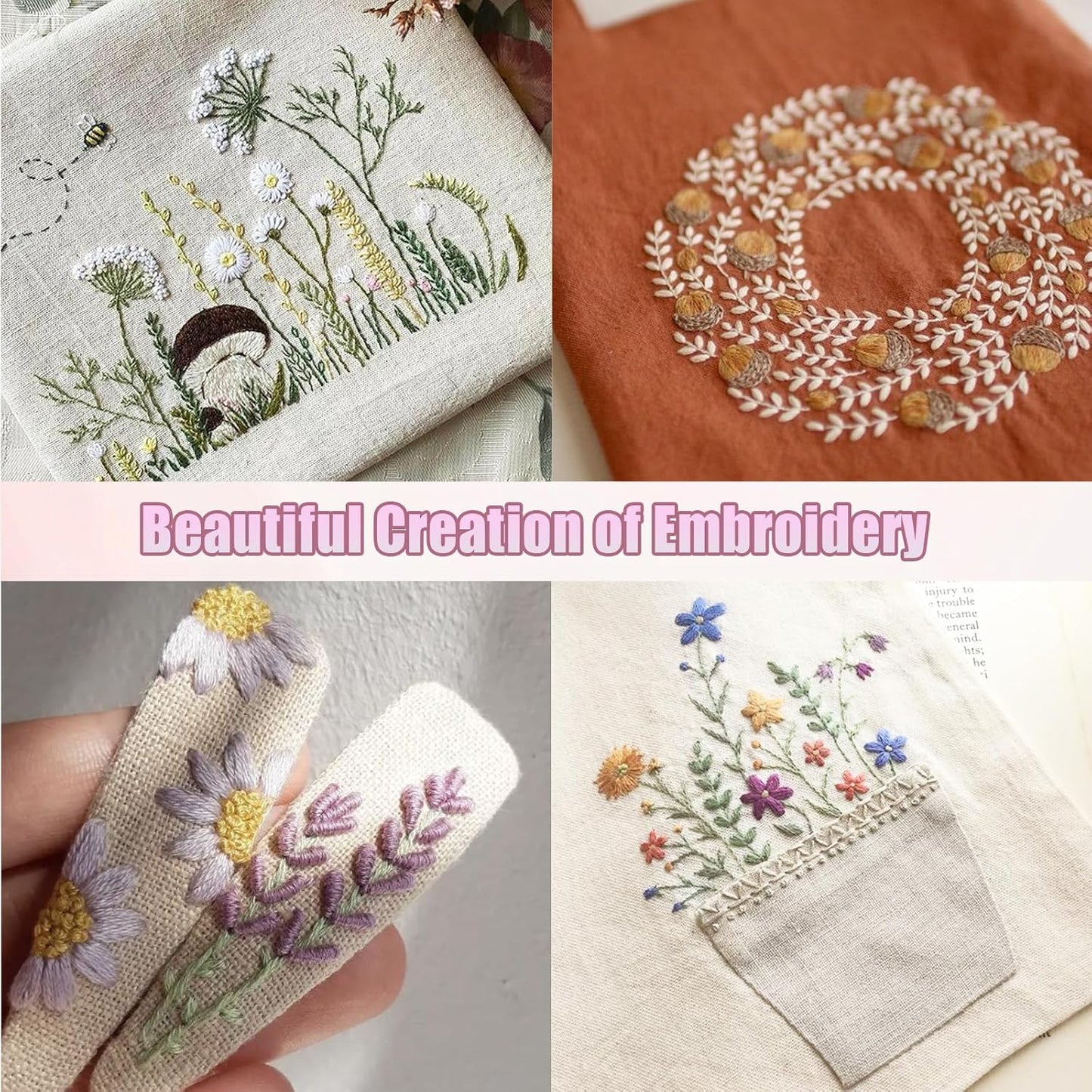 spicssa Beginner Embroidery Stitch Book Kit, 79 Stitches, Video Tutorials | Pre-printed linen panels to stitch and sew into a keepsake book, threads, needles, scissors, hoop and threader BST202