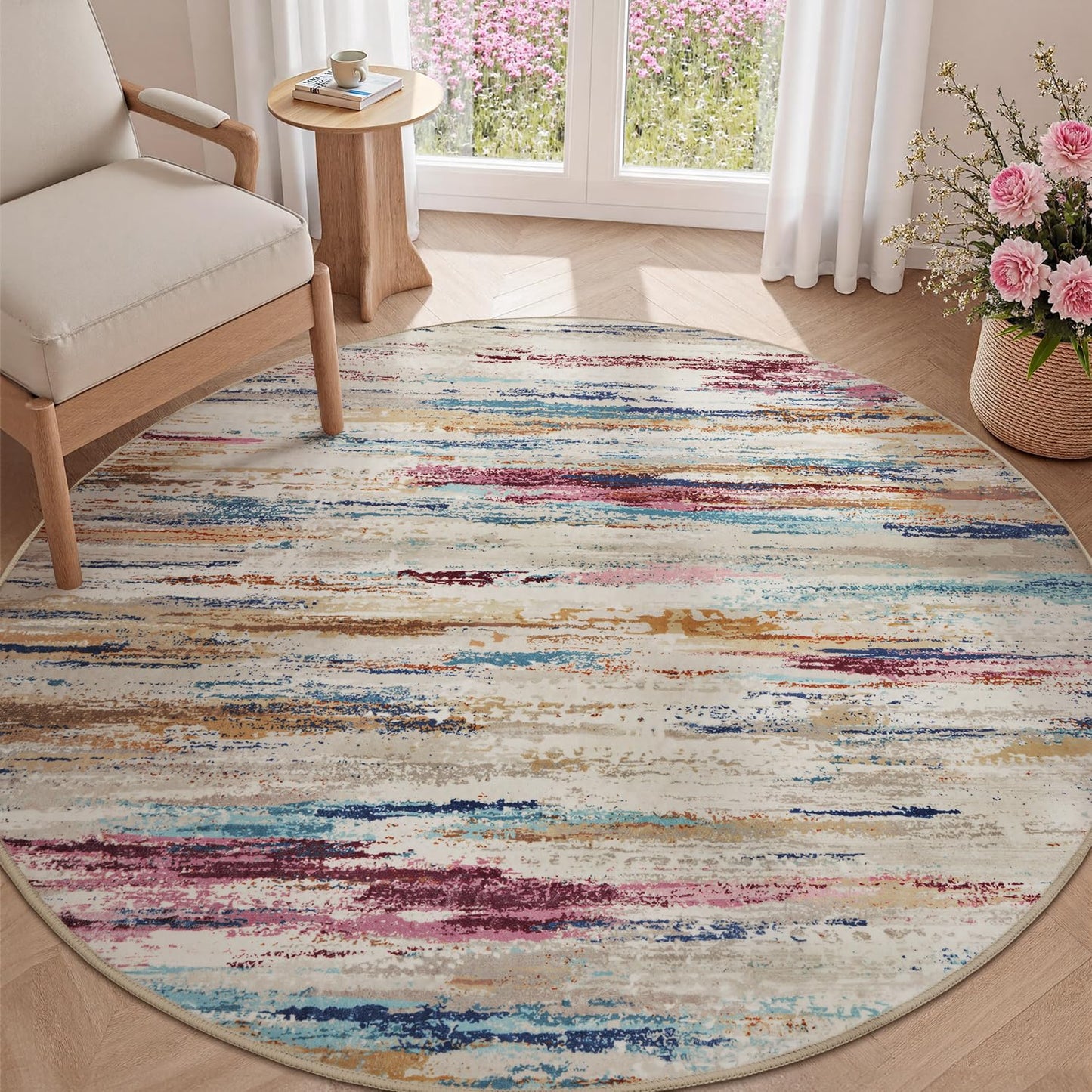 tchdio Round Rug 5FT Colorful Modern Abstract Circle Rug for Bedroom Non Slip Soft Circular Rug Carpet Washable Round Area Rug, Multi Color, 5FT BST220