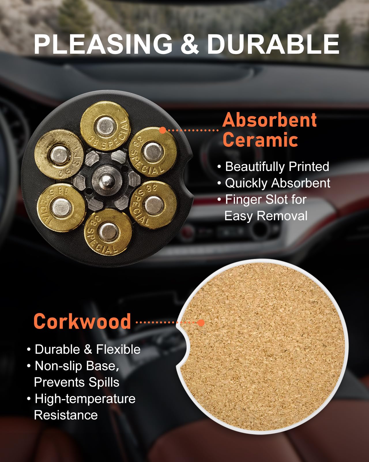 Swooflia Car Coasters for Men - Touch Down Ceramic Car Cupholder Coaster Cool Absorbent Mat Coaster with Cork Base 2 Pack Automotive Cup Holder Accessories New Driver Gifts WN420