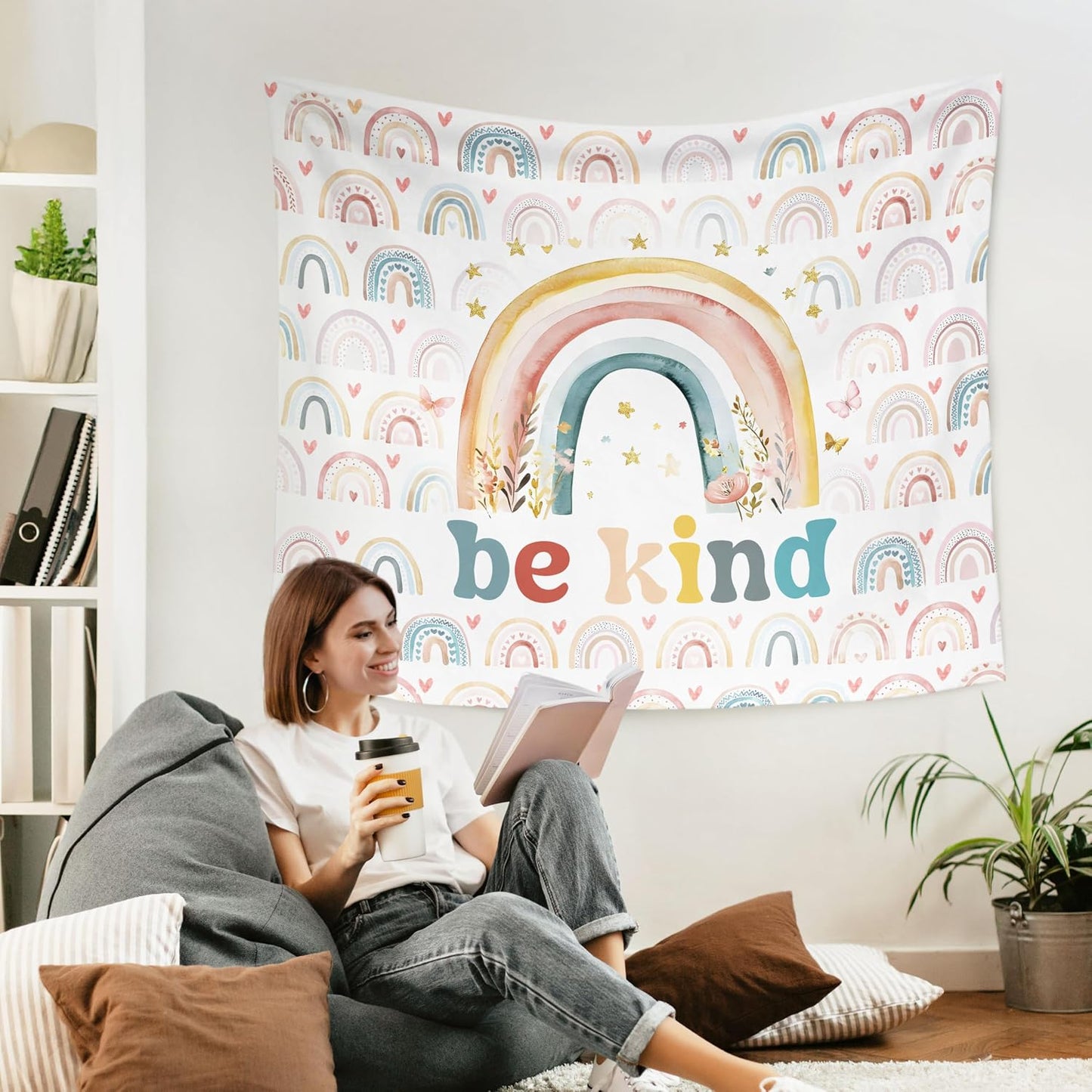 WARDOS Boho Rainbow Classroom Tapestry, Be Kind Motivational Tapestry Wall Hanging, Boho Pastel Rainbow Wall Blanket Decor for Classroom Kids Room Nursery Playroom, 50x60 Inch WN420