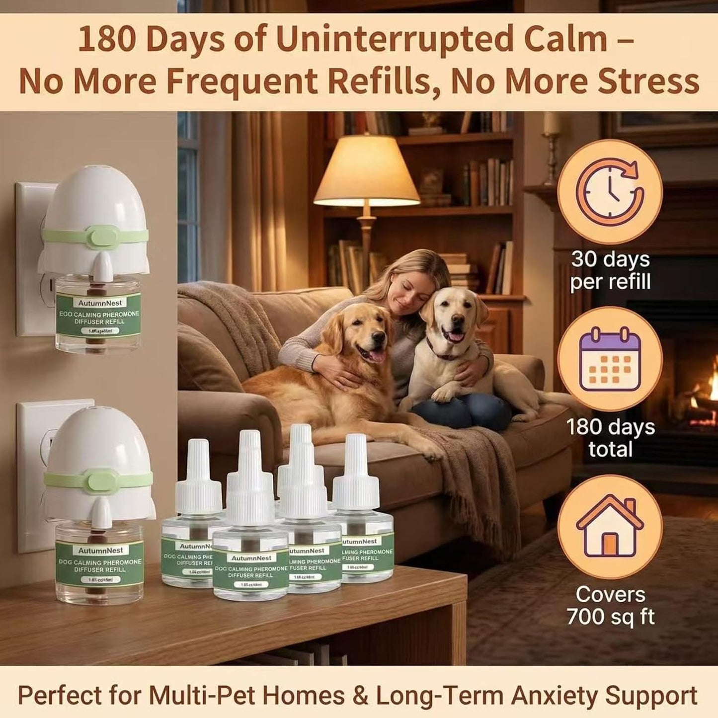 8-in-1 Dog Calming Pheromone Diffuser Kit – Pet Stress Support (2 Plug-Ins & 6x48ml Refills), Calming Diffuser for Dog During Thunderstorms, Travel, Separation, Fireworks & Vet Visits, 180-Day Supply WN420