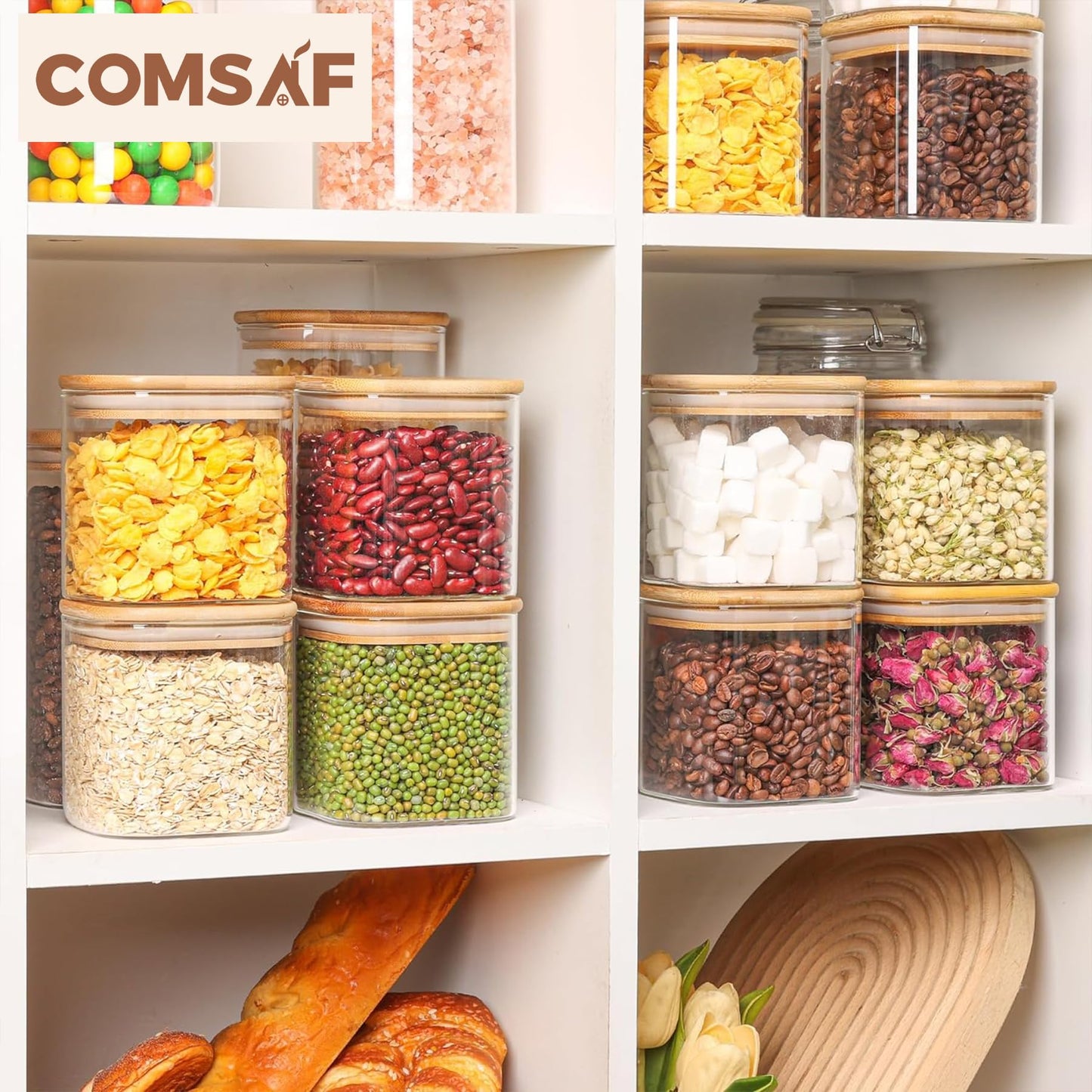 ComSaf 0.6 Qt Glass Food Storage Jars Set of 6, Clear Storage Containers with Airtight Lids, Pantry Organization Jar, Spice Jar, Blooming Tea, Coffee and Sugar Container, Canister Set for Kitchen BST220