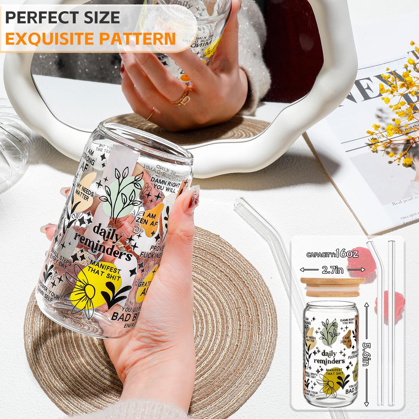 DWTS DANWEITESI Glass Cups “20oz”,Glass Cups with Lids and Straws 4 pcs-Coffee Cups,Drinking Glasses Set,Glass Tumbler with Straw and Lid Gift 2 Cleaning Brushes 600ml BST202