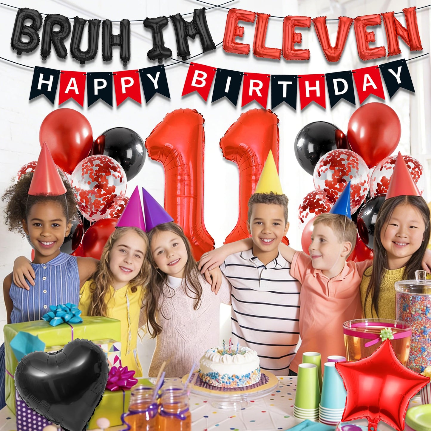 9th Birthday Decorations Boys Kit - 27 Pcs Red and Black Bruh Im Nine Balloon Banners Happy Birthday Fishtail Flags Number 9 Balloon Star Heart Balloons Set for 9 Year Old Party Decoration Supplies BST202