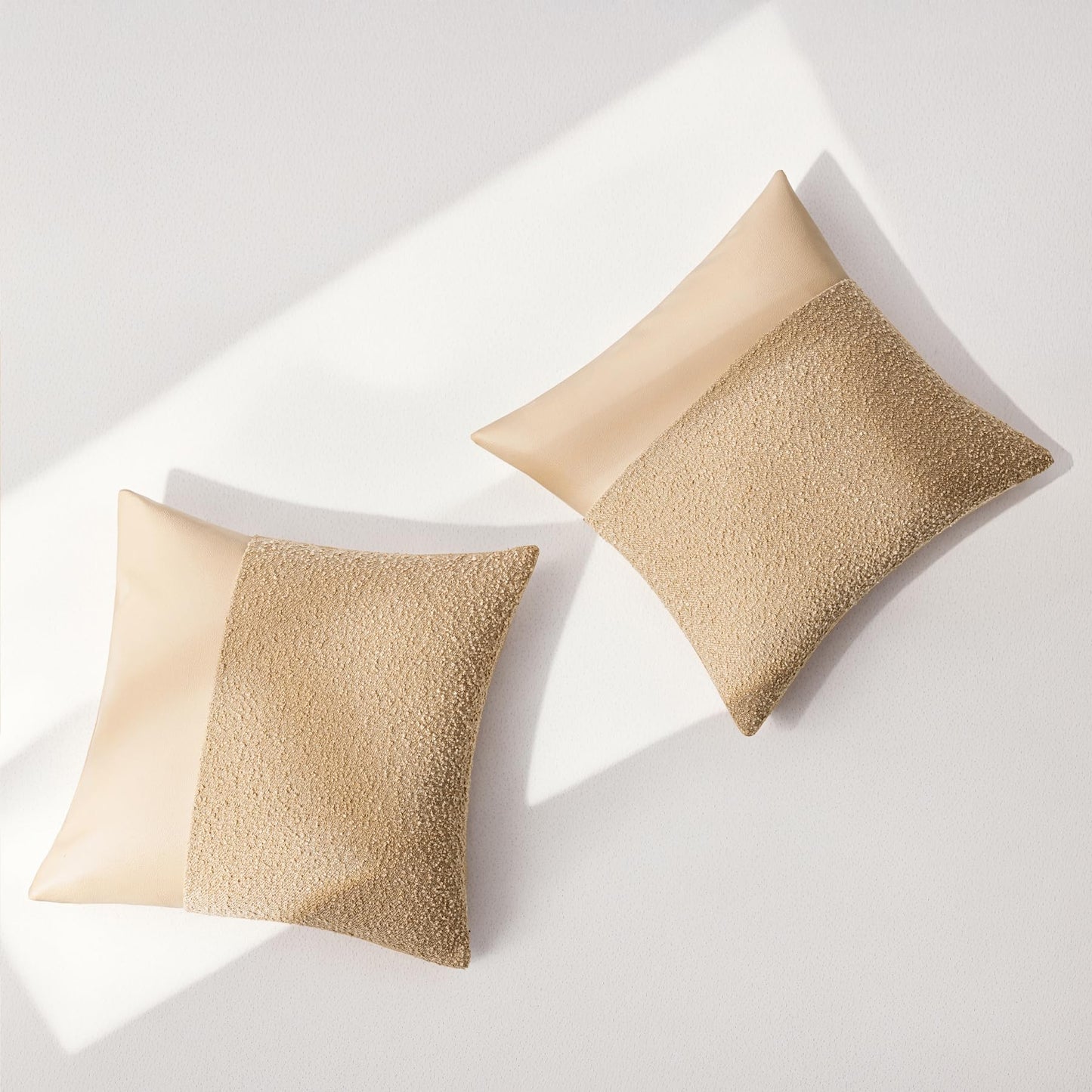 Set of 2 Fluffy Boucle Pillow Covers 18"x18", Oatmeal Textured Throw Pillow Covers with Faux Leather Accents, Boho Decorative Pillow Cases for Couch, Bed, or Farmhouse Home Decor BST220