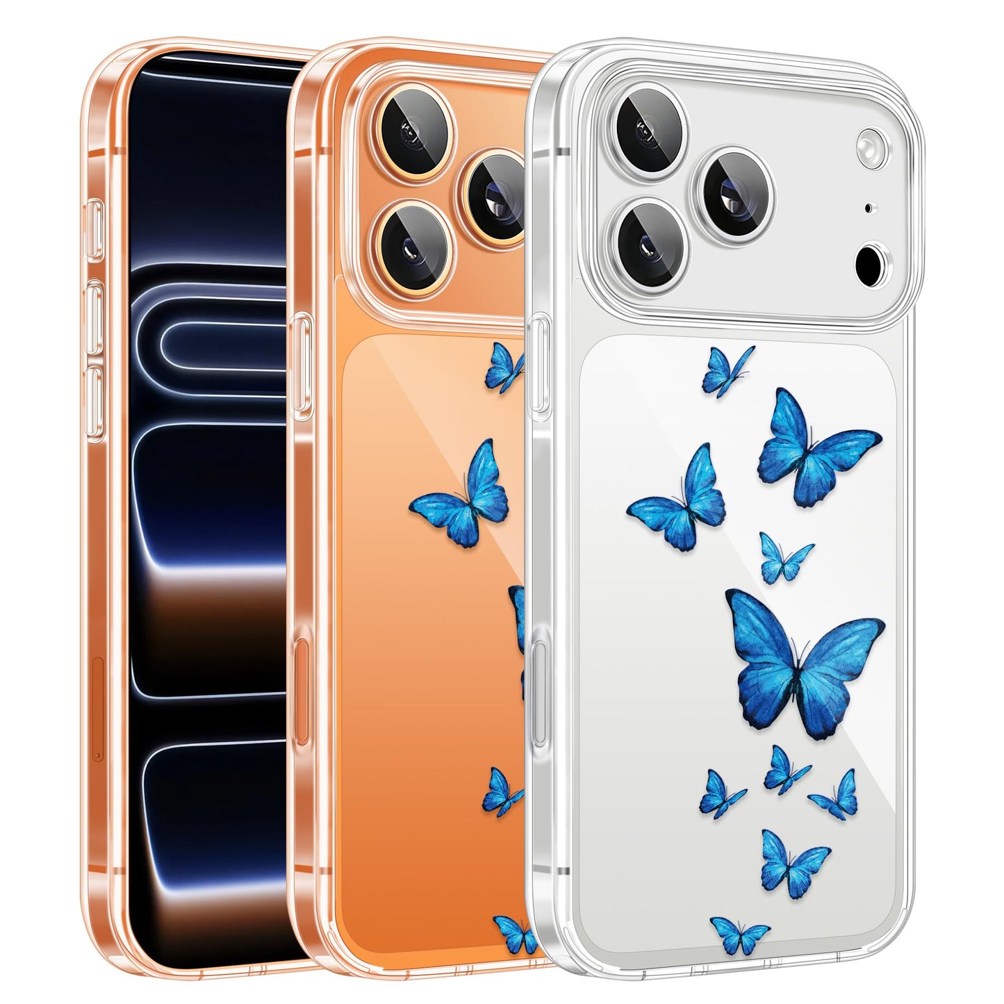 Cute Girly Crystal Clear Case Compatible with iPhone 16 Pro, Camera Control & Shockproof Protection Floral Case for Women, Blue Butterflies WN420