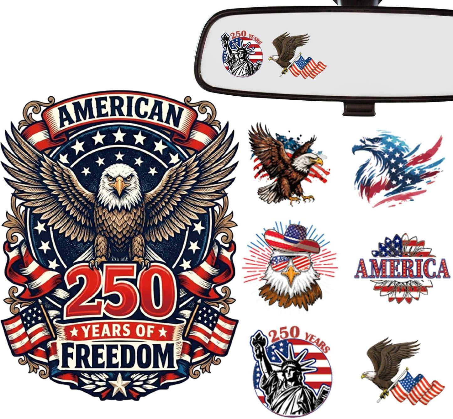 Dazoratix 250th Anniversary Car Decals - 7 Pcs Eagle 250 Years America Flag Merchandise American Patriotic USA 4th of July Independence Vinyl Rearview Mirror Stickers for Window Vehicle Tumbler Bumper BST326L