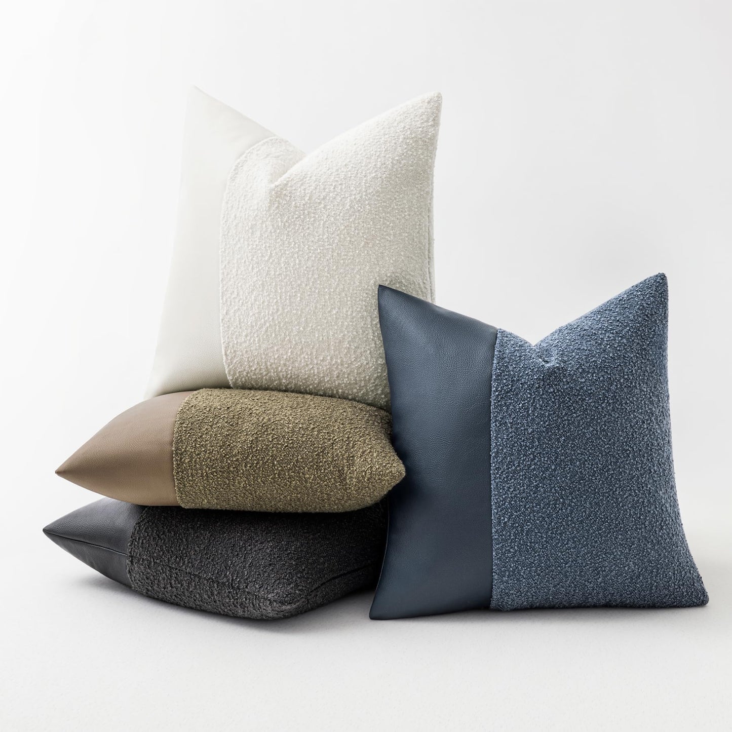 Set of 2 Fluffy Boucle Pillow Covers 18"x18", Oatmeal Textured Throw Pillow Covers with Faux Leather Accents, Boho Decorative Pillow Cases for Couch, Bed, or Farmhouse Home Decor BST220