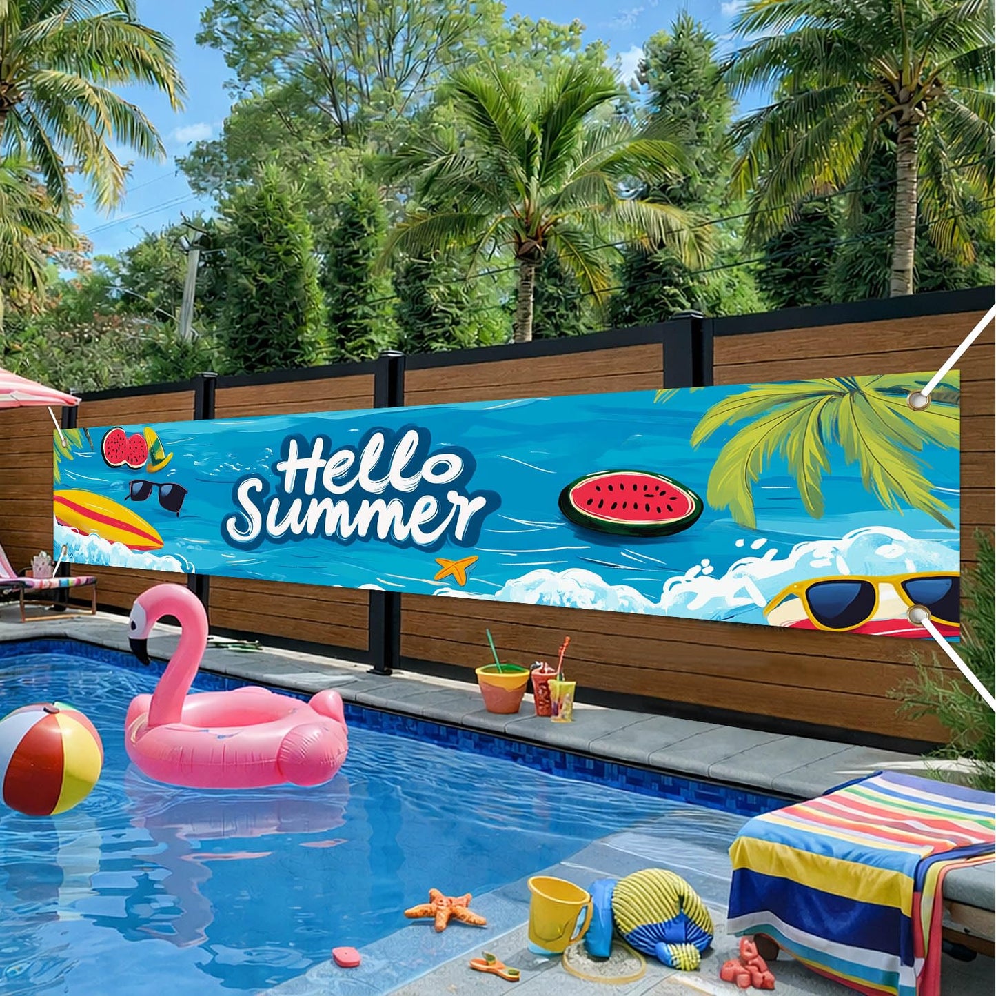 BlissYard Hello Summer Banner 118 x 20 Inch Pool Party Decorations Beach Surfboard Watermelon Tropical Fence Sign Hawaiian Luau Outdoor Backyard Wall Decor BST220