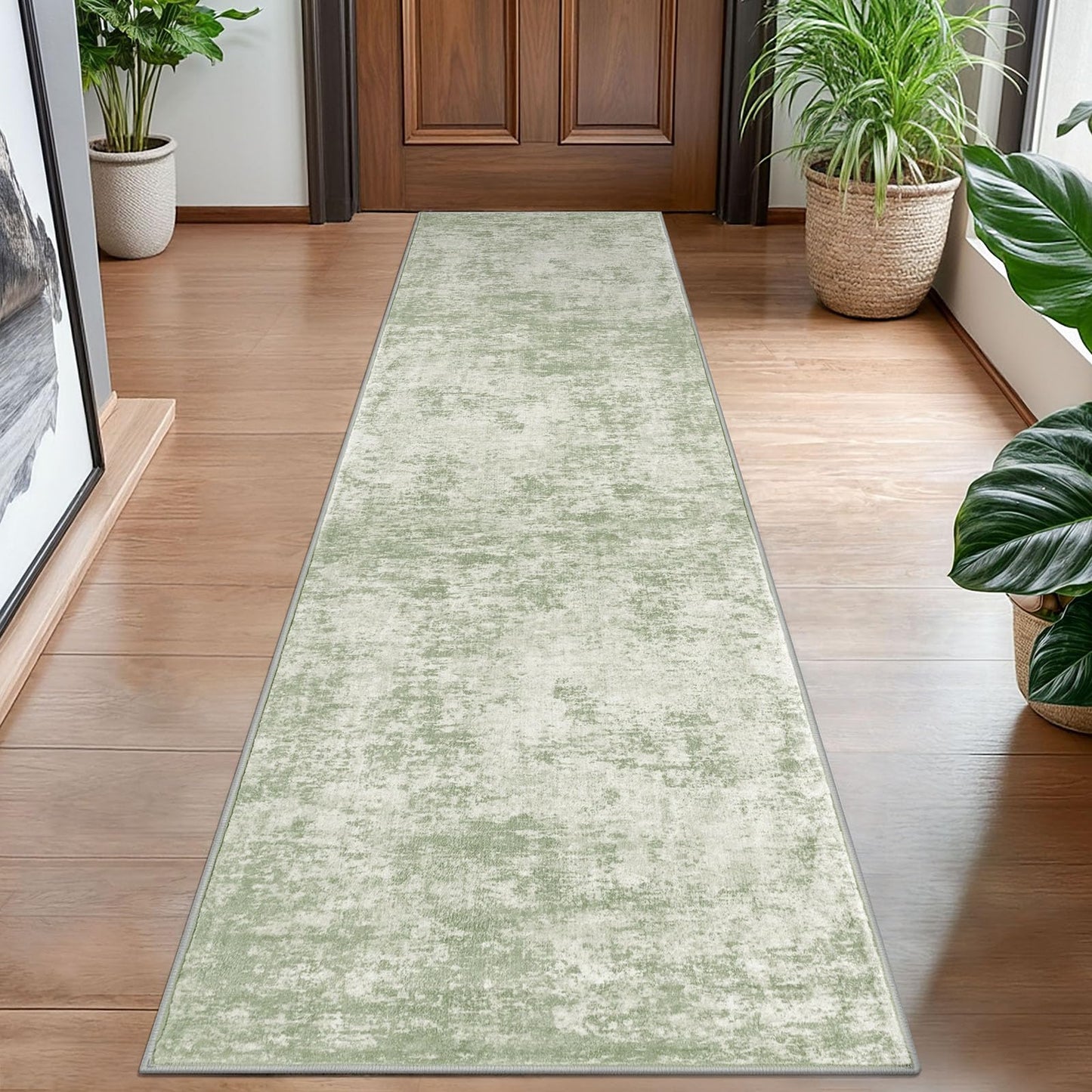 Lansny Modern Abstract Runner - 2x5, Beige Grey Washable Kitchen Entryway Rug Mat Non-Slip Soft Neutral Hallway Rug Thin Print Faux Wool Carpet for Bedroom Laundry Room Indoor BST220