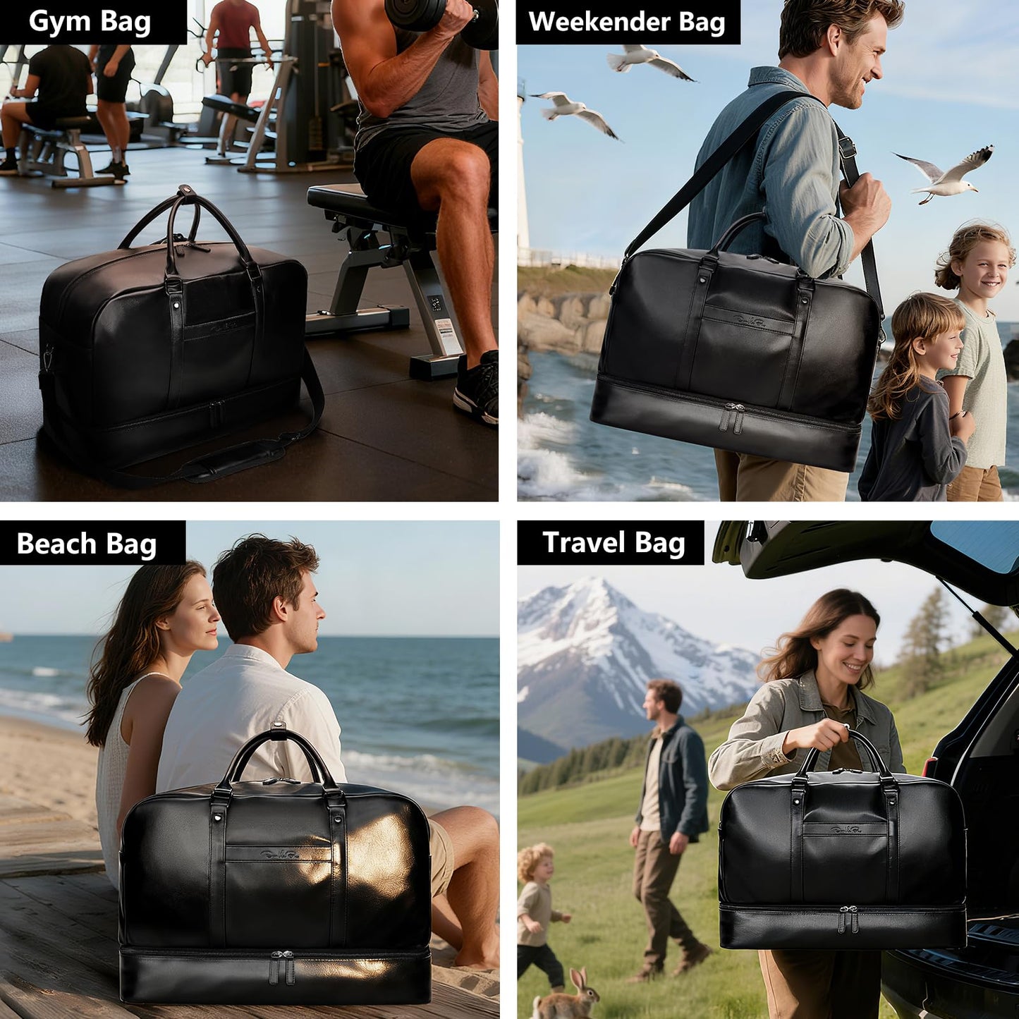 Large 4-in-1 Leather Duffle Bag for Travel Weekender Overnight Hospital Gym Bag for Men & Women, Carry On Airline Approved Personal Item Duffel Garment Bag Luggage with Shoe Compartment & Toiletry Bag BST326H